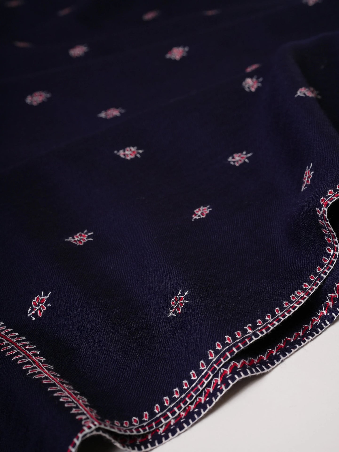 Navy Blue Fine Wool Shawl with Machie Buteh Hand Embroidery Shahkaar