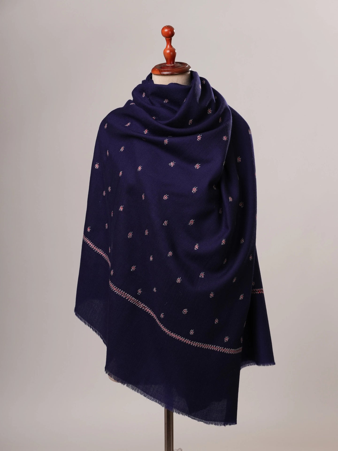 Navy Blue Fine Wool Shawl with Machie Buteh Hand Embroidery Shahkaar