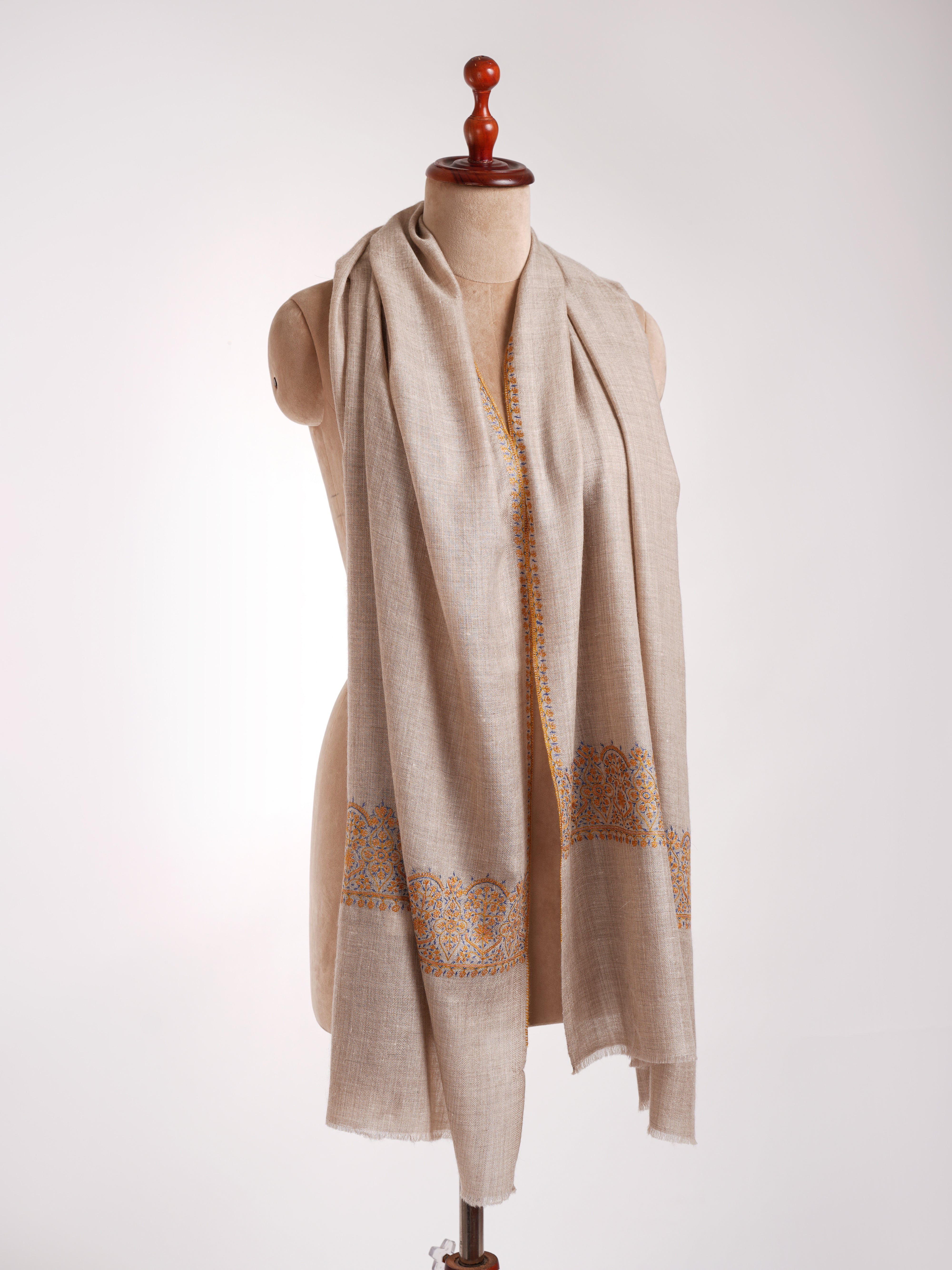 Natural Grey Sozni Embroidered Palla Cashmere Gift Scarf