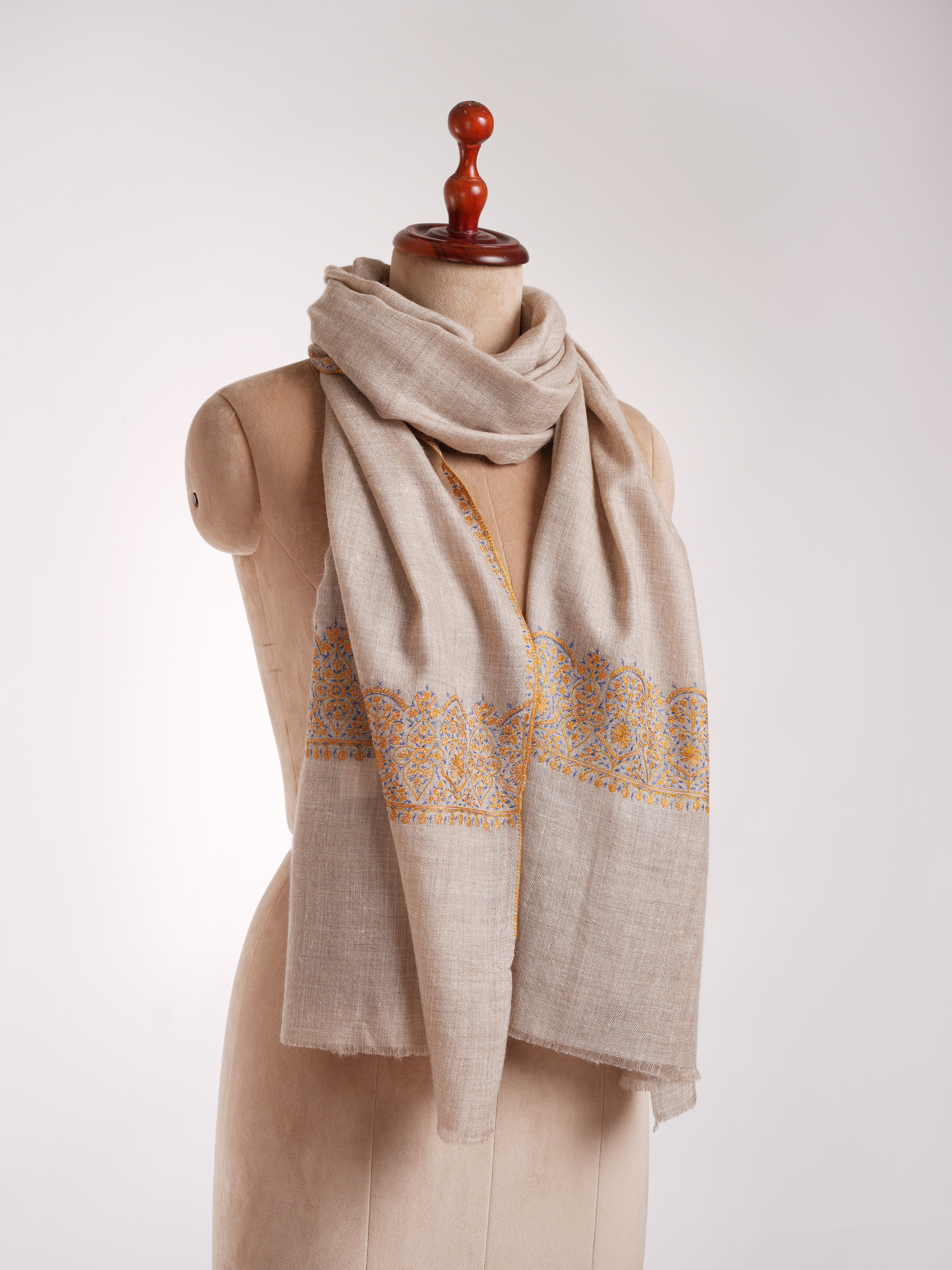 Natural Grey Sozni Embroidered Palla Cashmere Gift Scarf