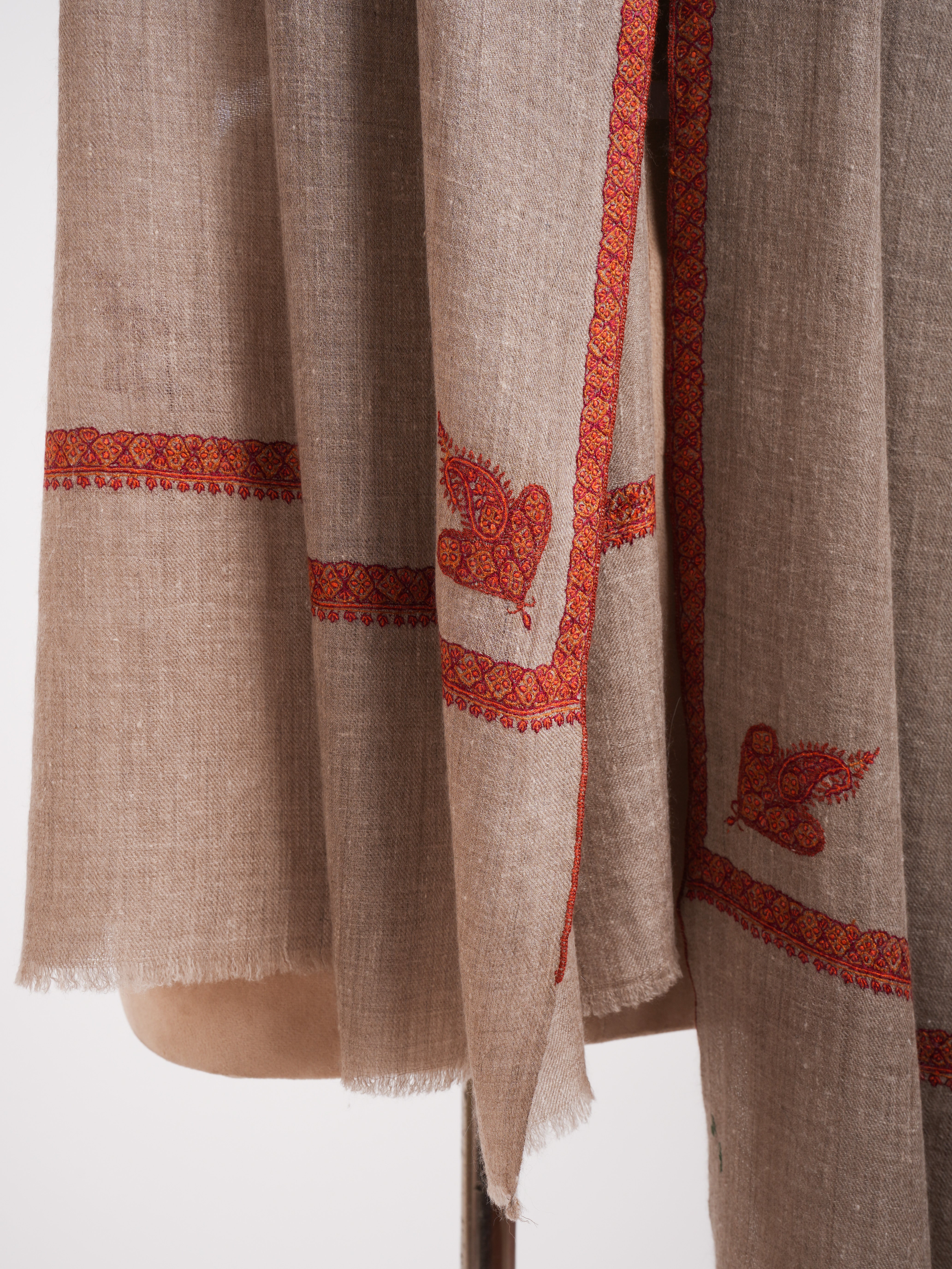 Tradition Natural Grey Embroidered Beautiful Cashmere Scarf