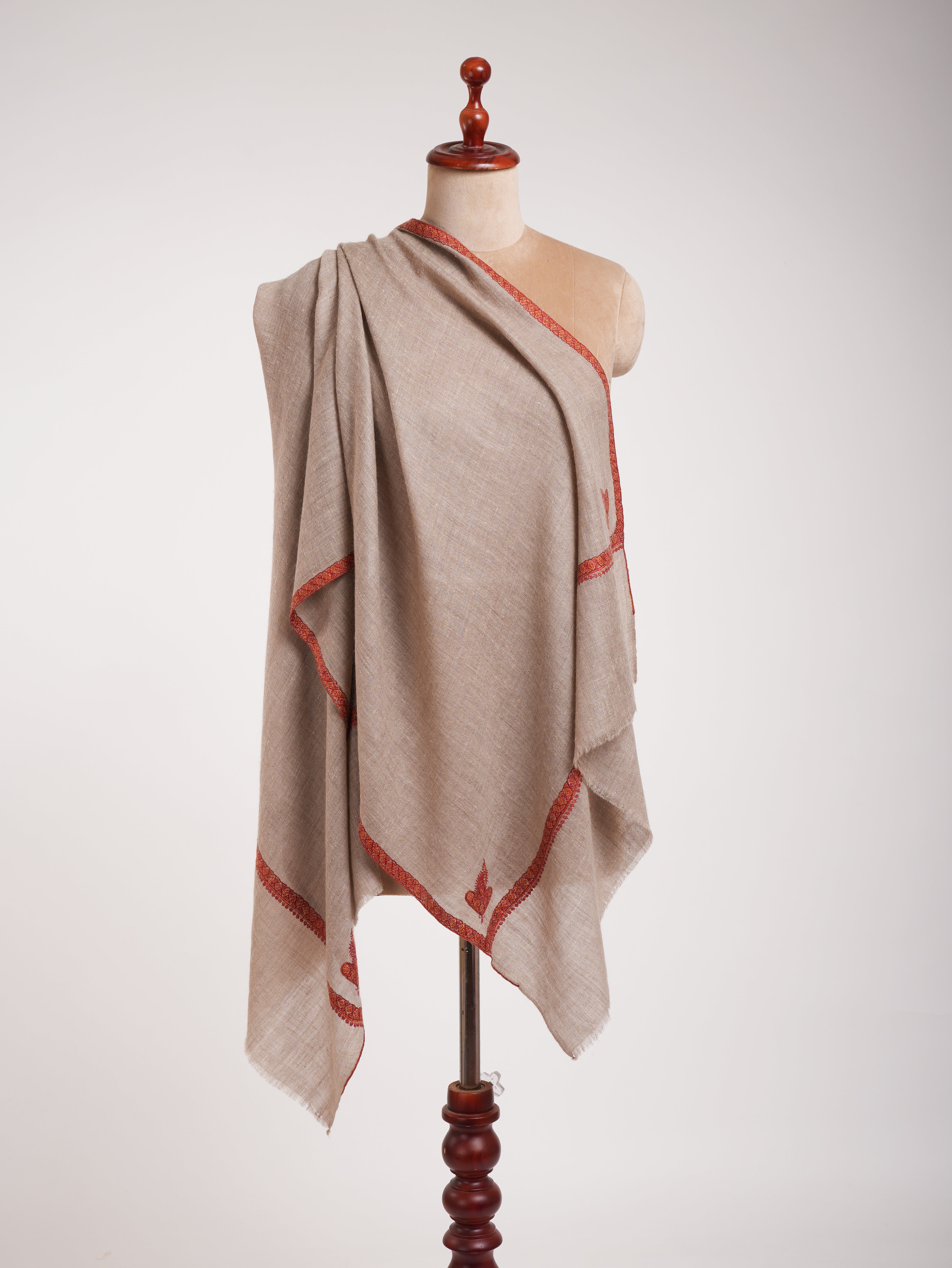 Tradition Natural Grey Embroidered Beautiful Cashmere Scarf