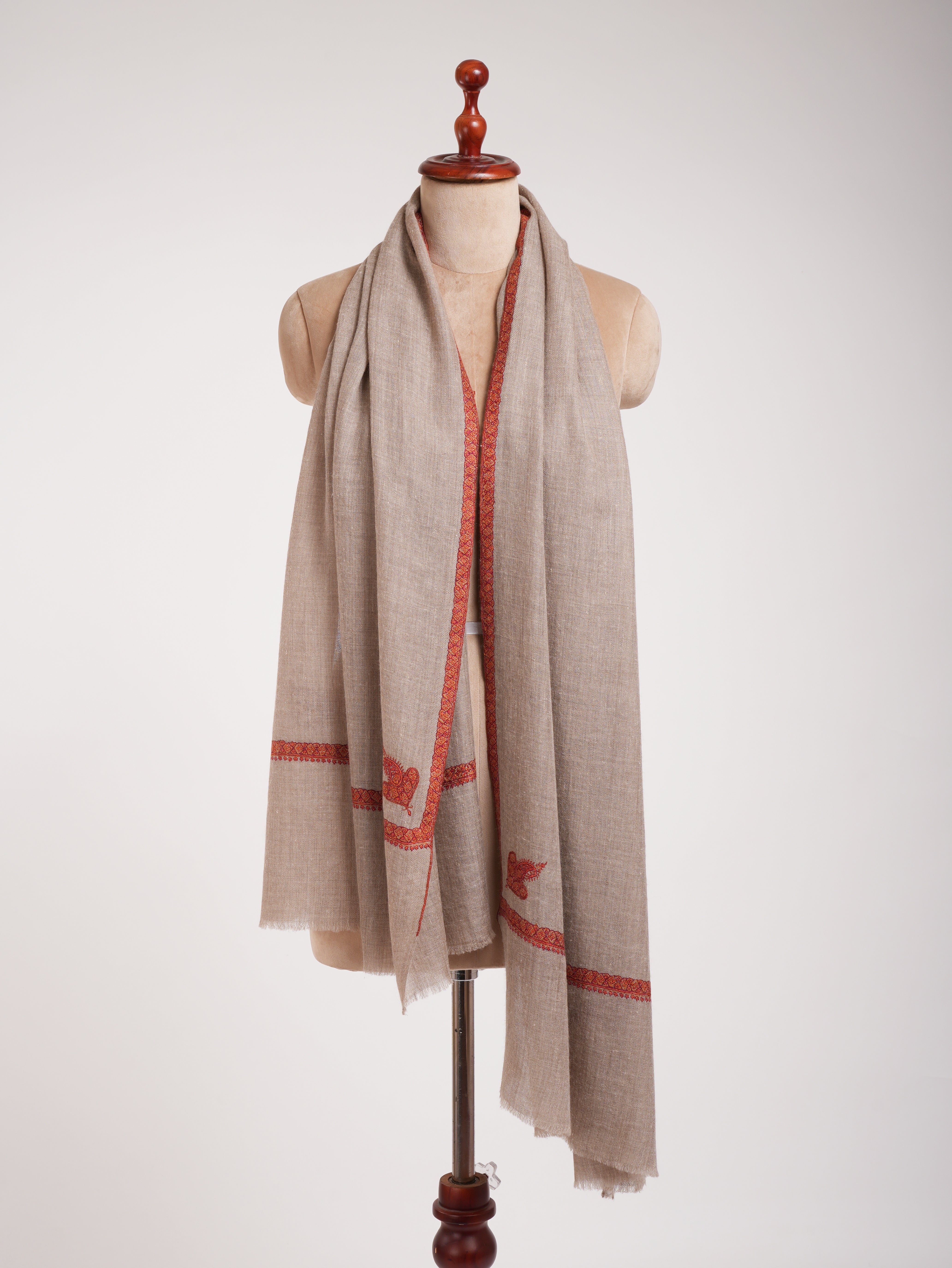 Tradition Natural Grey Embroidered Beautiful Cashmere Scarf