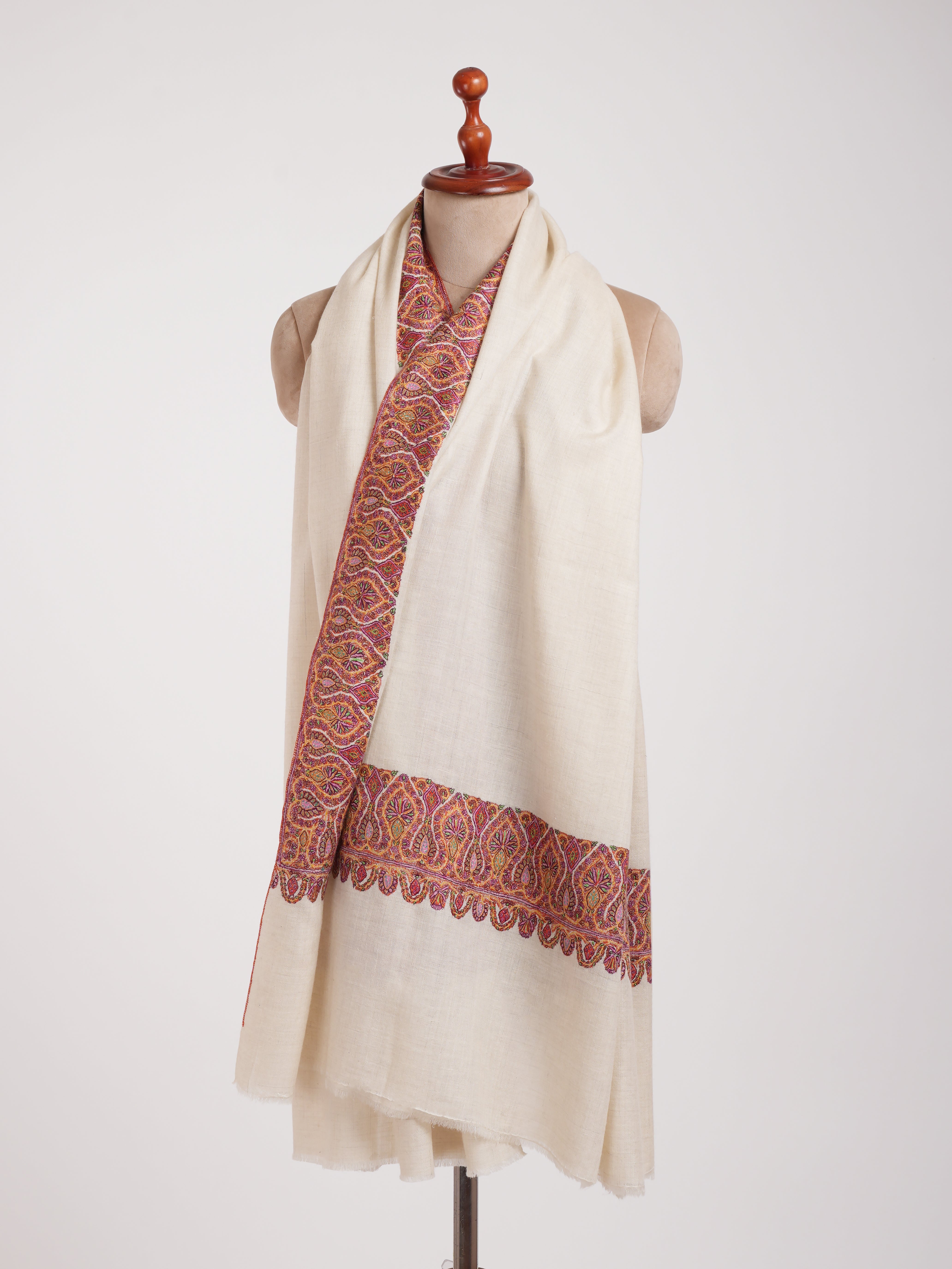 Ivory Artistic Daurdar Embroidered Pashmina Shawl