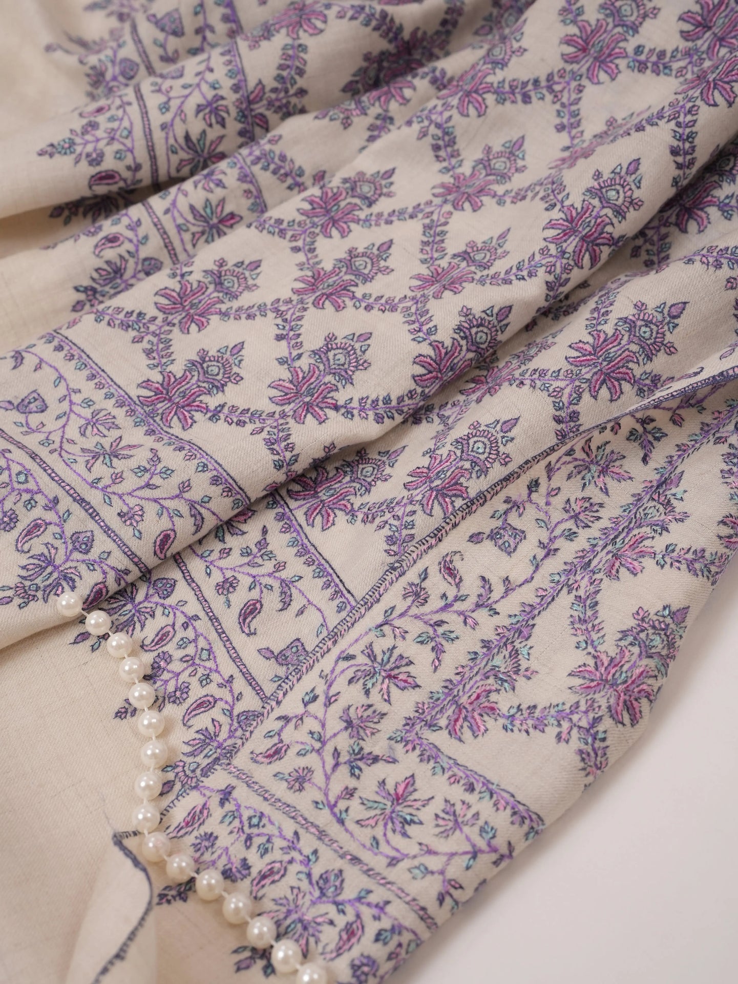 Off White Silk Embroidered Pure Pashmina Neem Jamavar Shawl Shahkaar.com