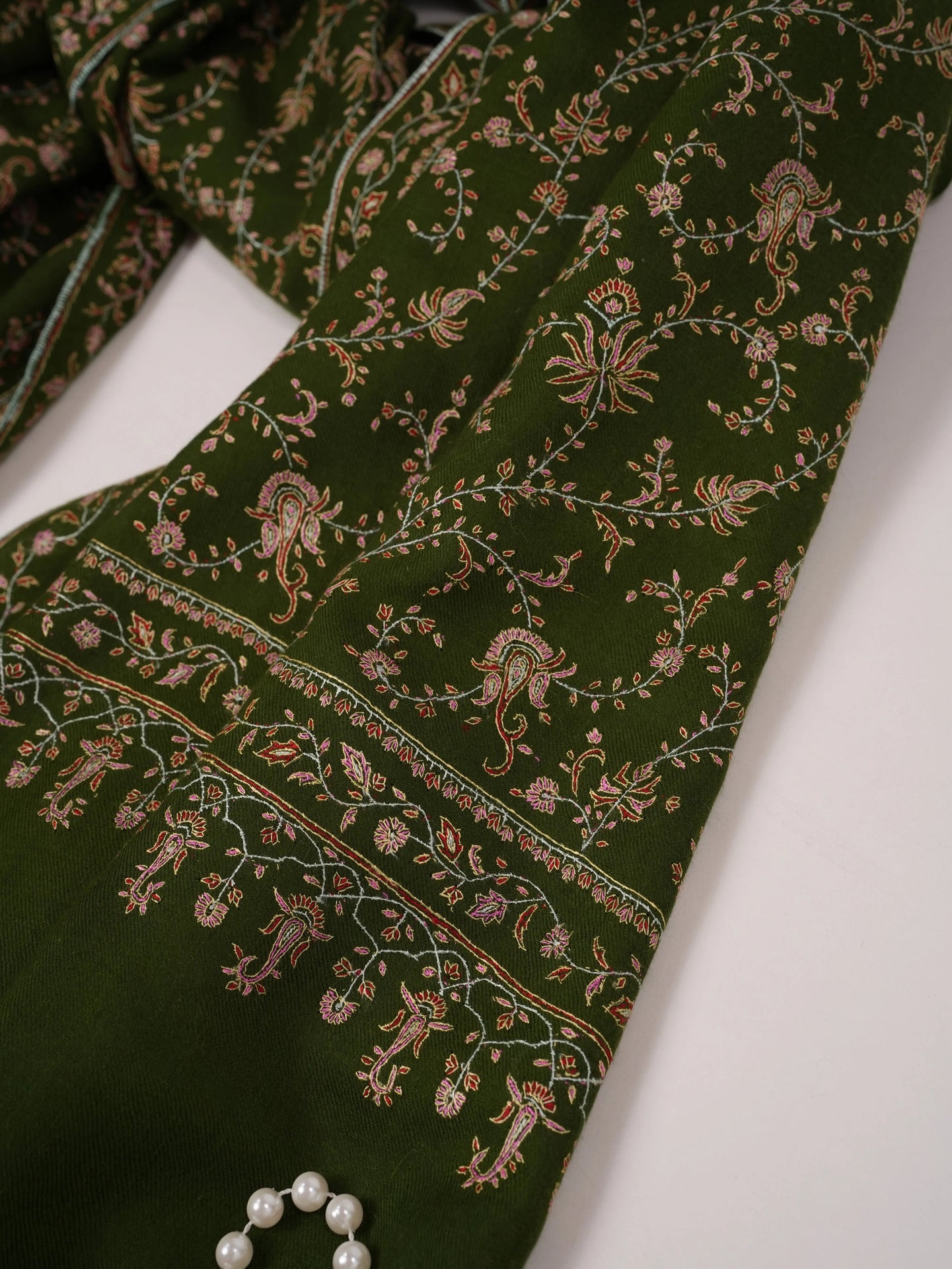 Jali Hand Silk Embroidery on Olive Green Kashmiri Handwoven Pashmina Shawl Shahkaar.com