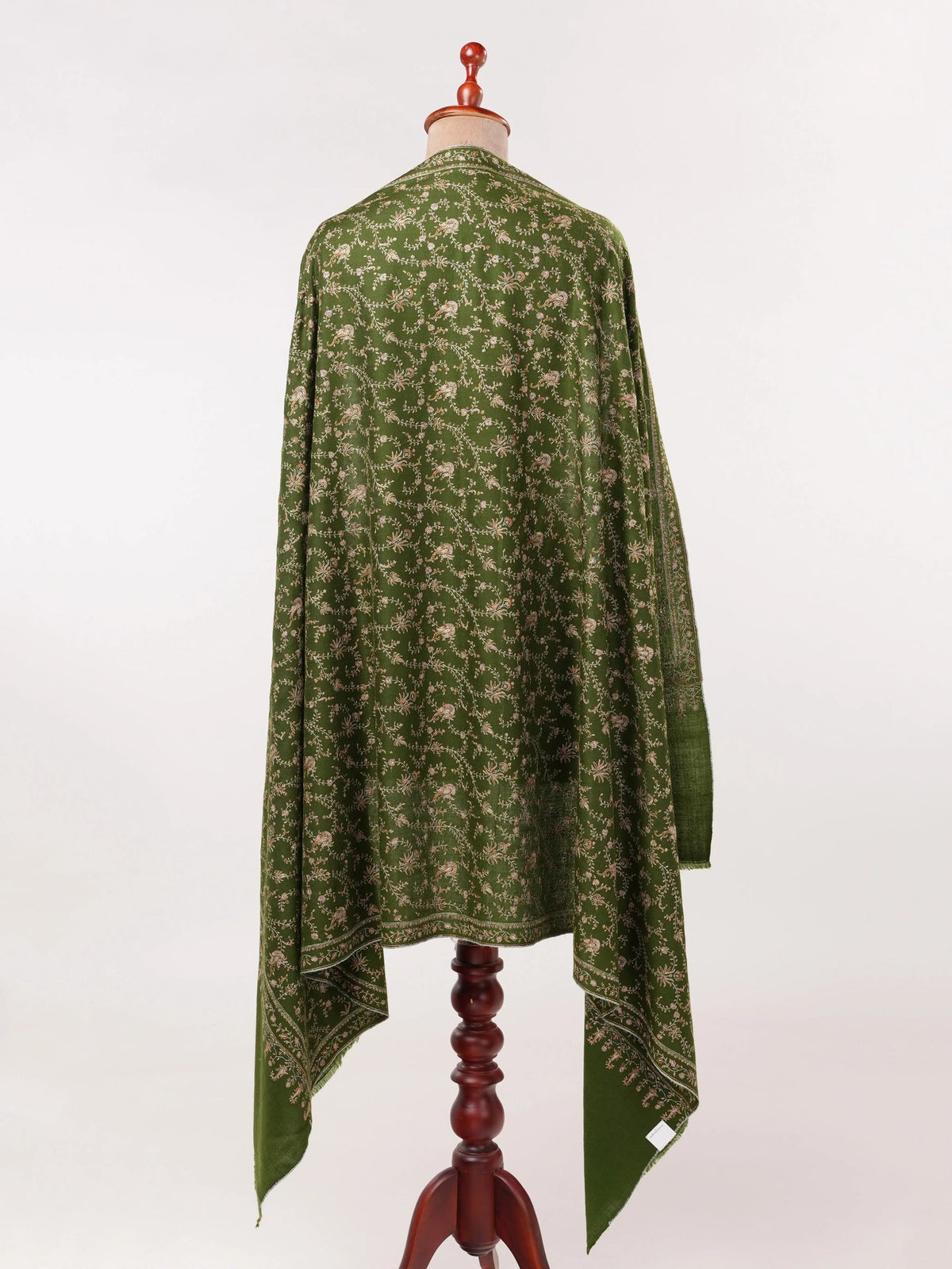 Jali Hand Silk Embroidery on Olive Green Kashmiri Handwoven Pashmina Shawl Shahkaar.com