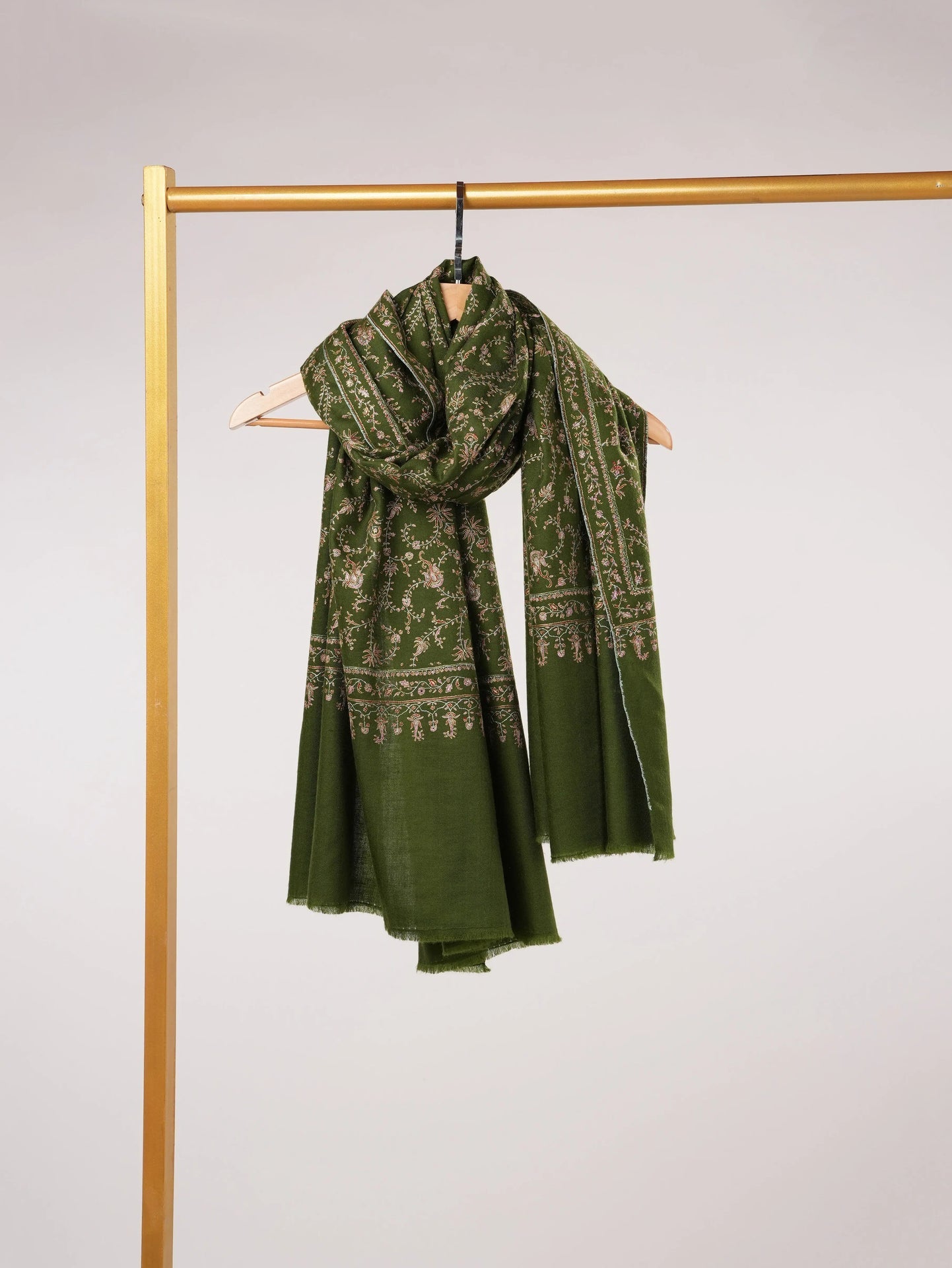 Jali Hand Silk Embroidery on Olive Green Kashmiri Handwoven Pashmina Shawl Shahkaar.com
