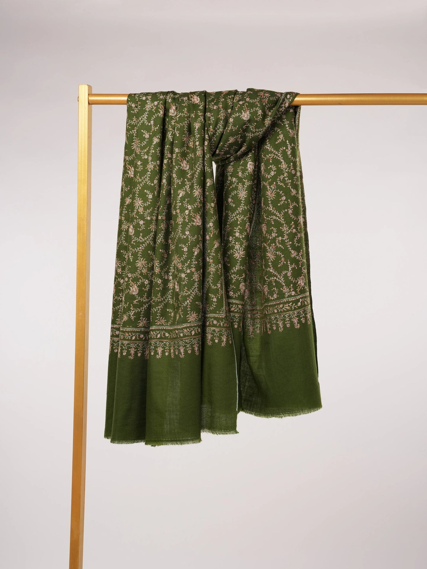Jali Hand Silk Embroidery on Olive Green Kashmiri Handwoven Pashmina Shawl Shahkaar.com
