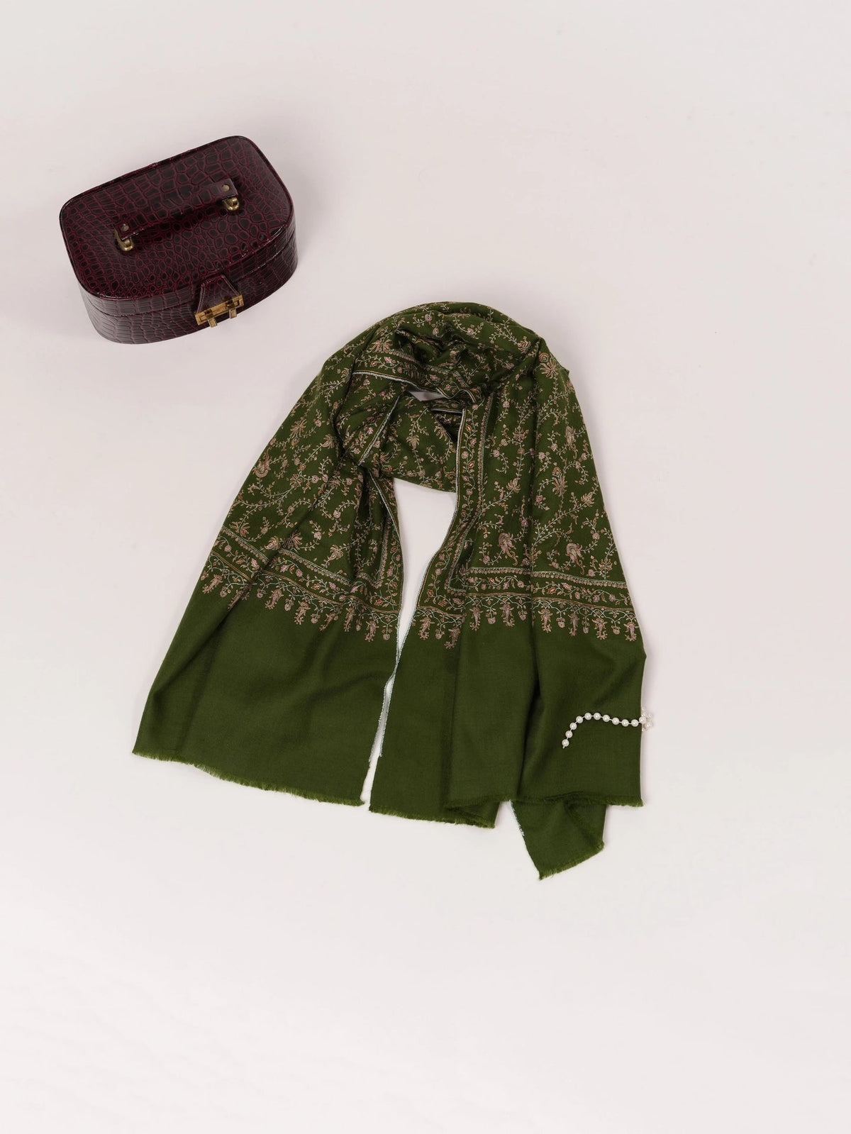 Jali Hand Silk Embroidery on Olive Green Kashmiri Handwoven Pashmina Shawl Shahkaar.com
