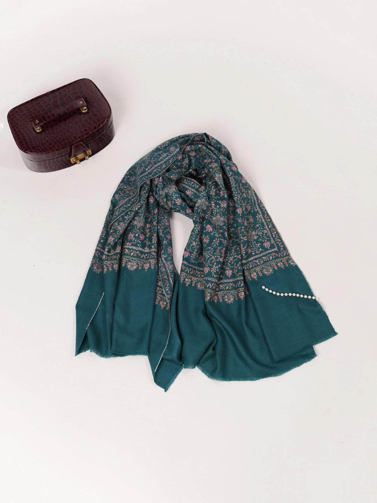Chinar Jali Hand Silk Embroidery on Peacock Blue Kashmiri Handwoven Pashmina Shawl Shahkaar.com
