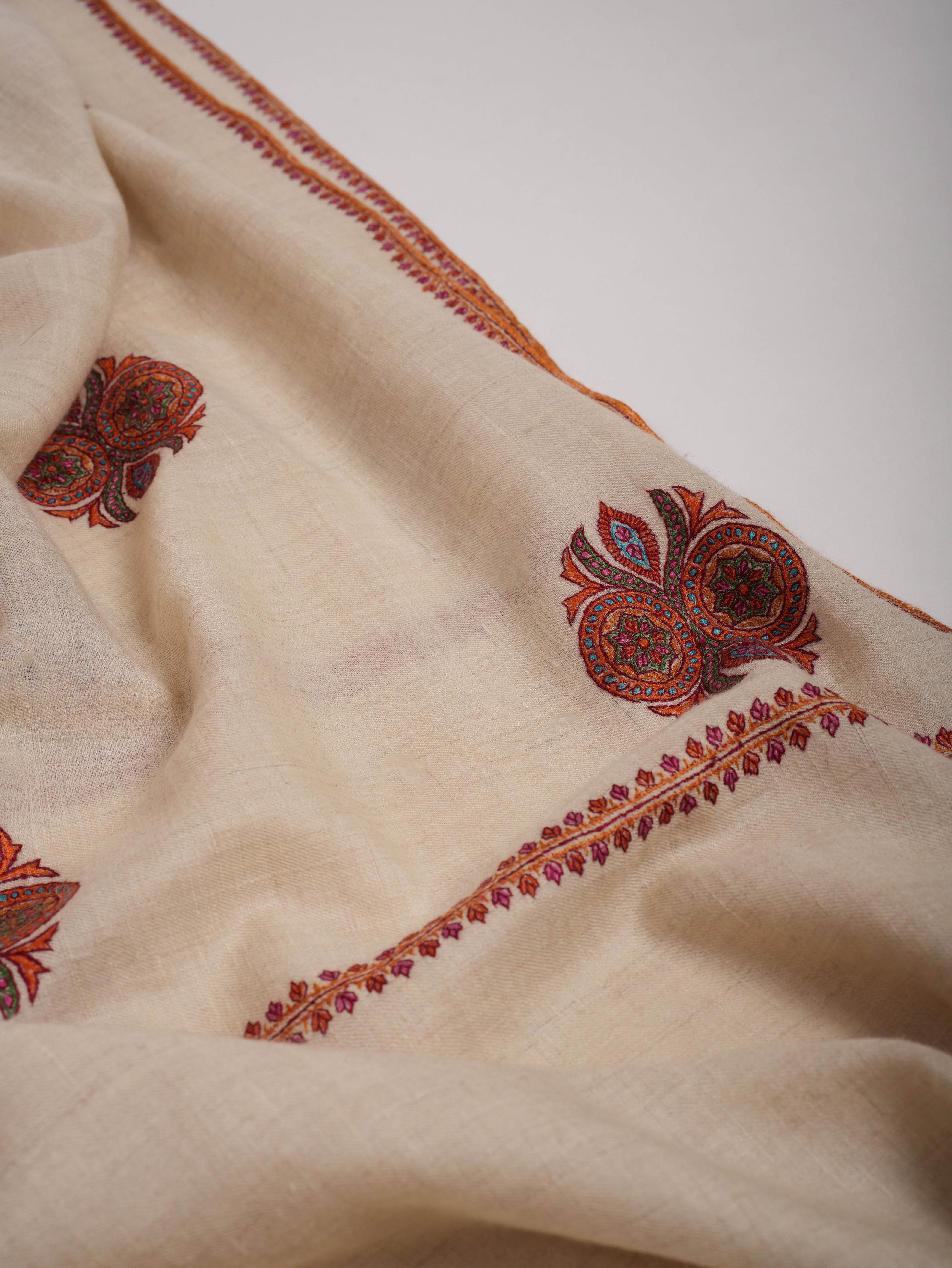 Ivory Pashmina Shawl with Booti Sozni Embroidery