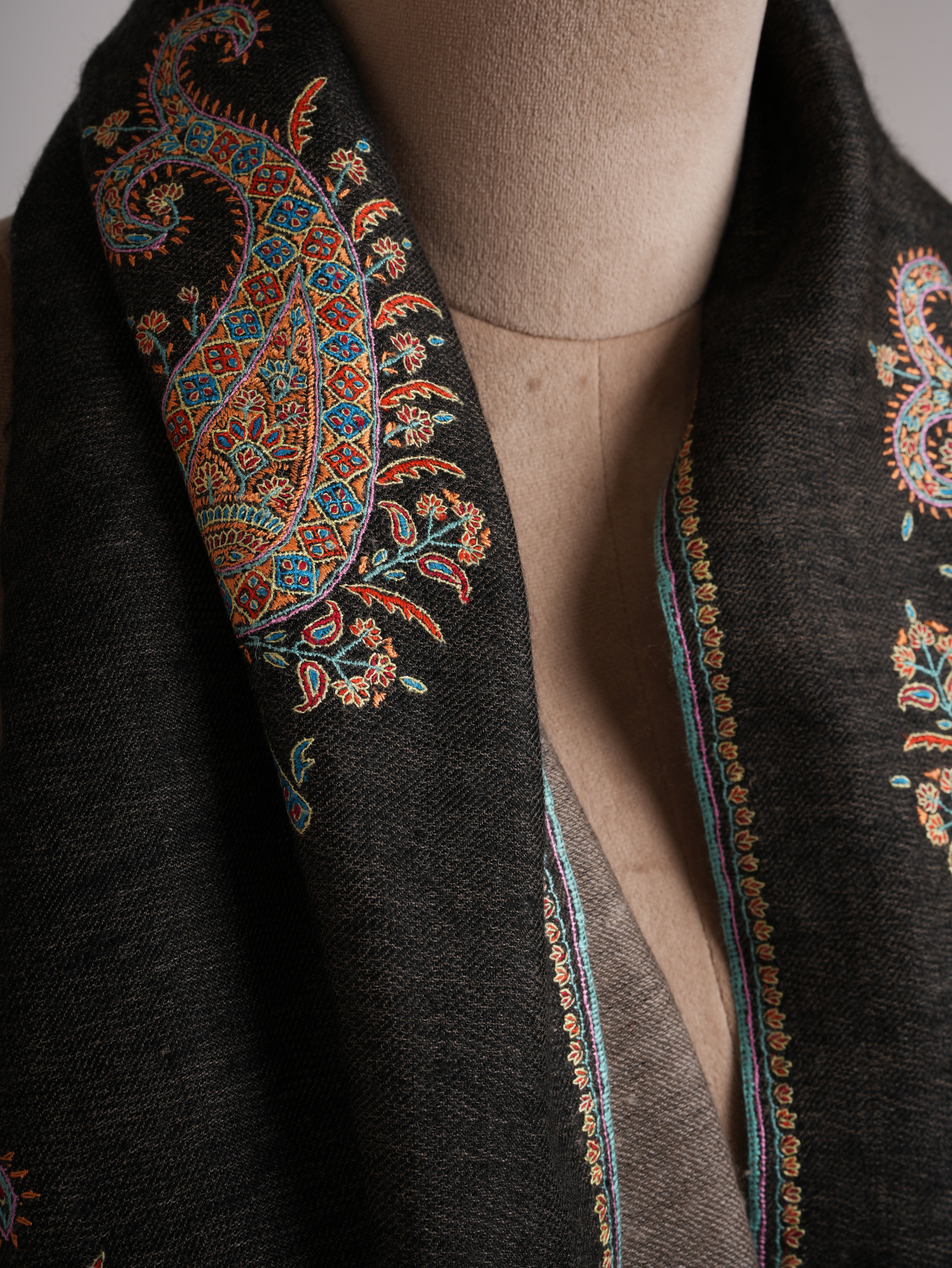 Black Beige Dorukha Pashmina Shawl with Paisley Buteh Embroidery