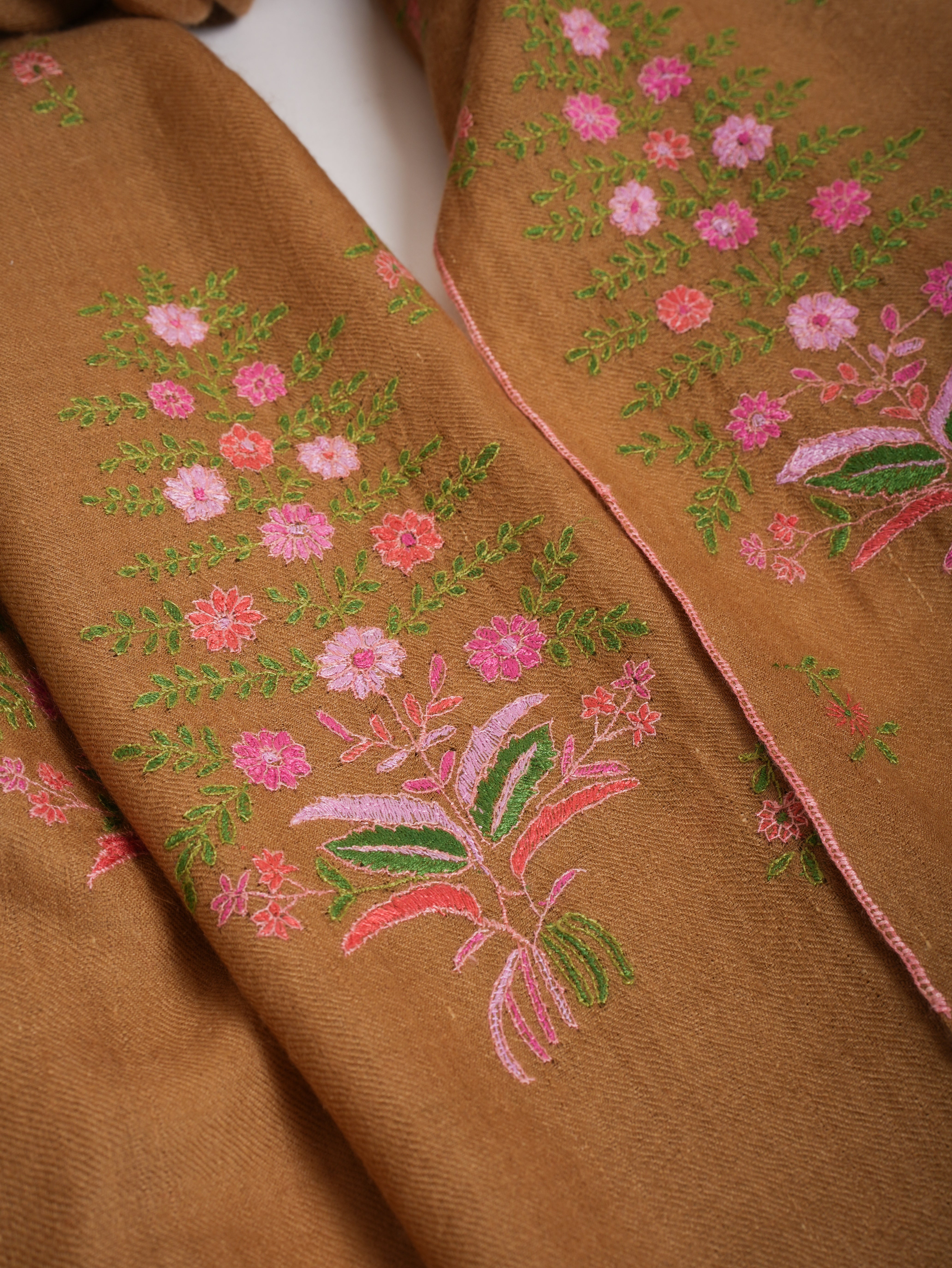 Sozni Hand Embroidered Indian Tan Cashmere Stole