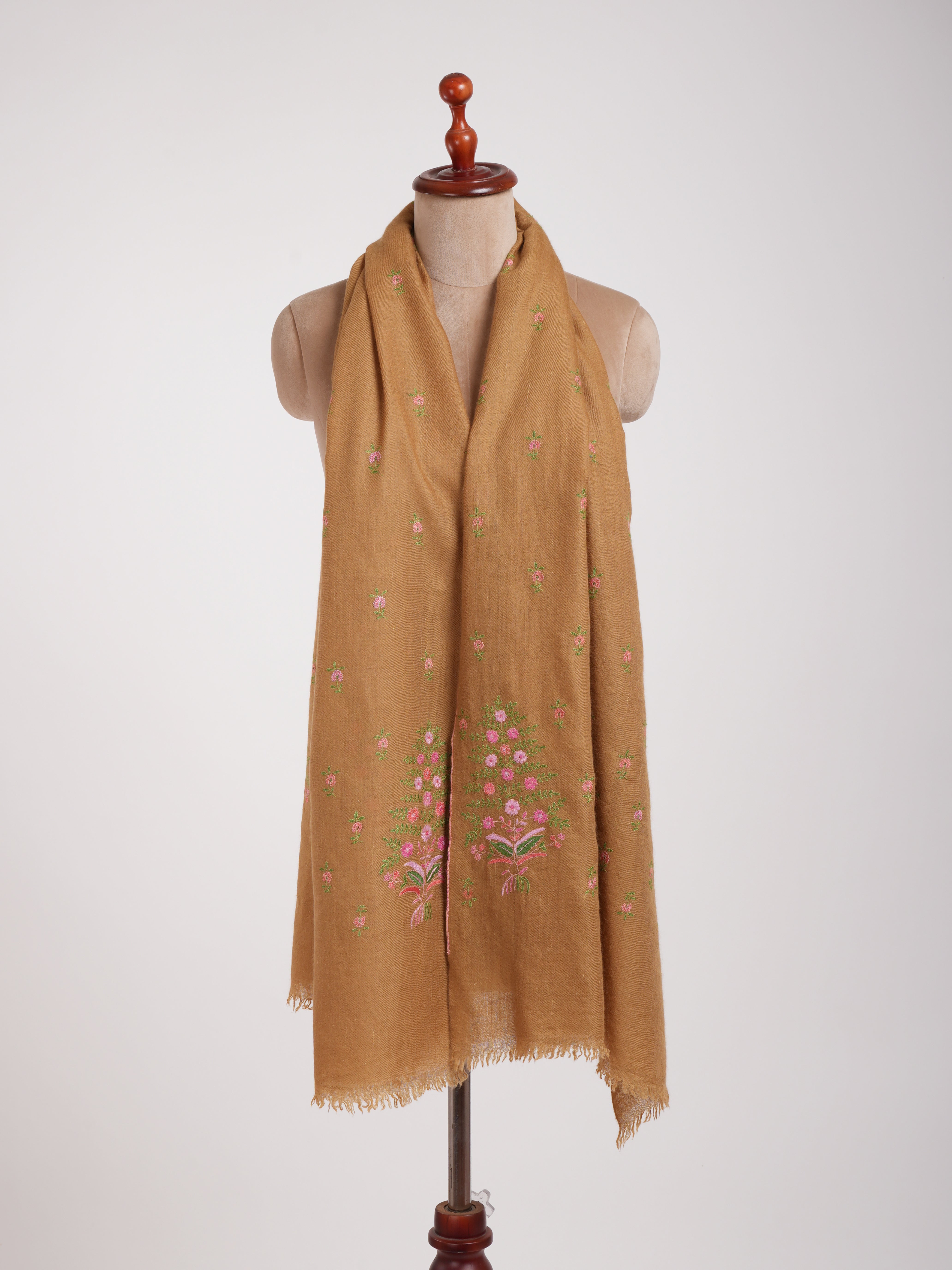 Sozni Hand Embroidered Indian Tan Cashmere Stole