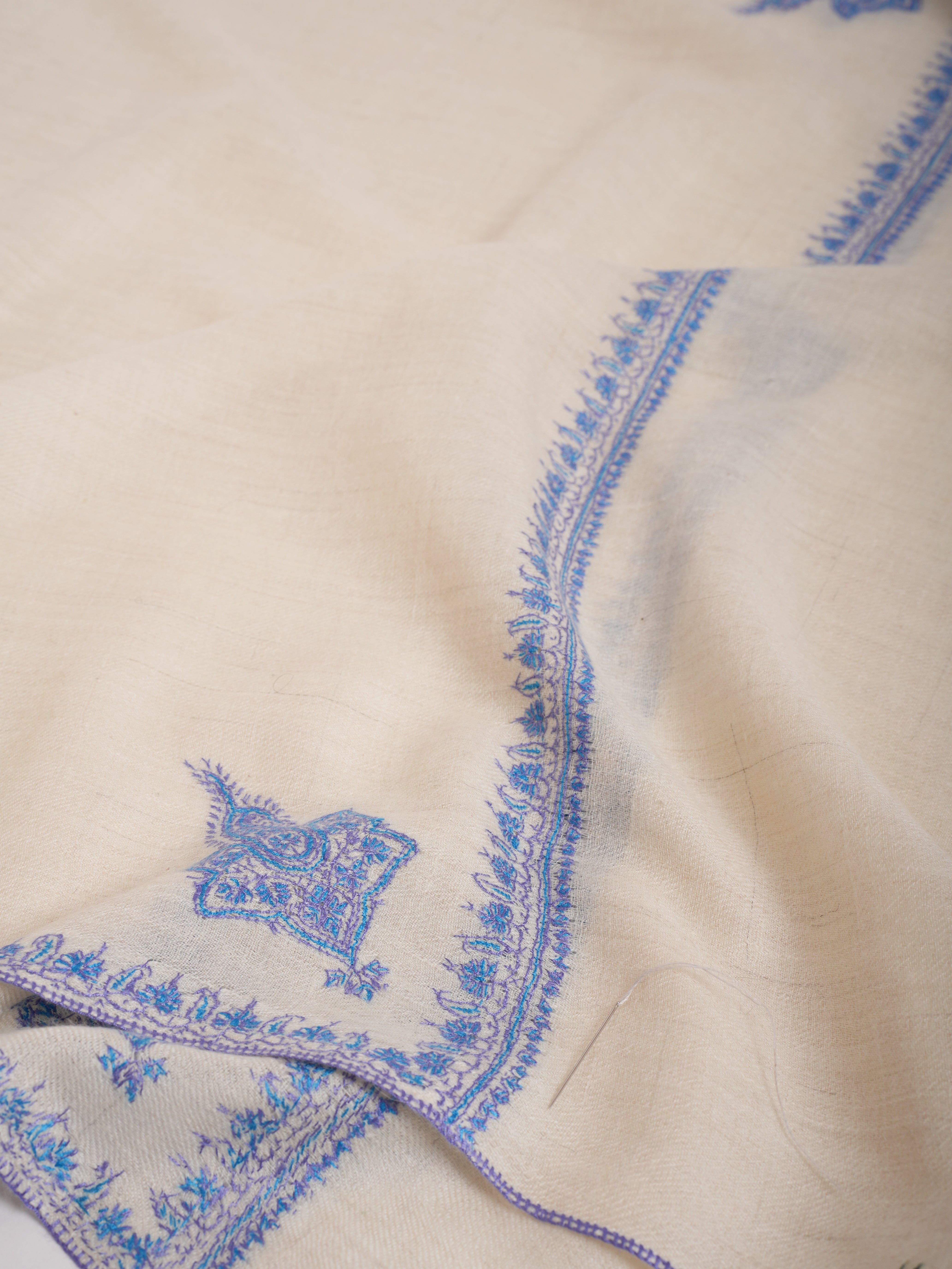 Blue Embroidered Artistic Indian Cashmere Wrap