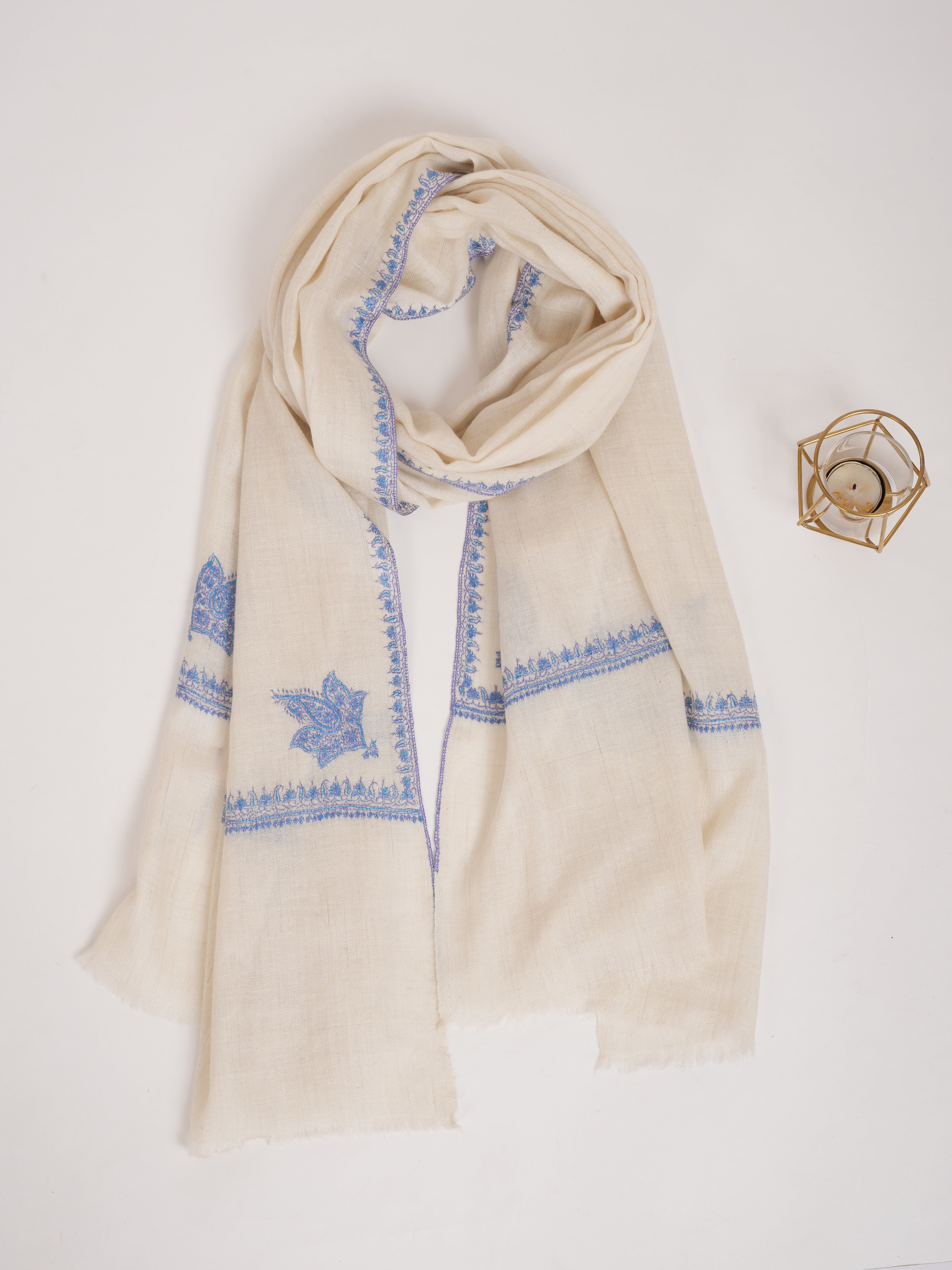 Blue Embroidered Artistic Indian Cashmere Wrap