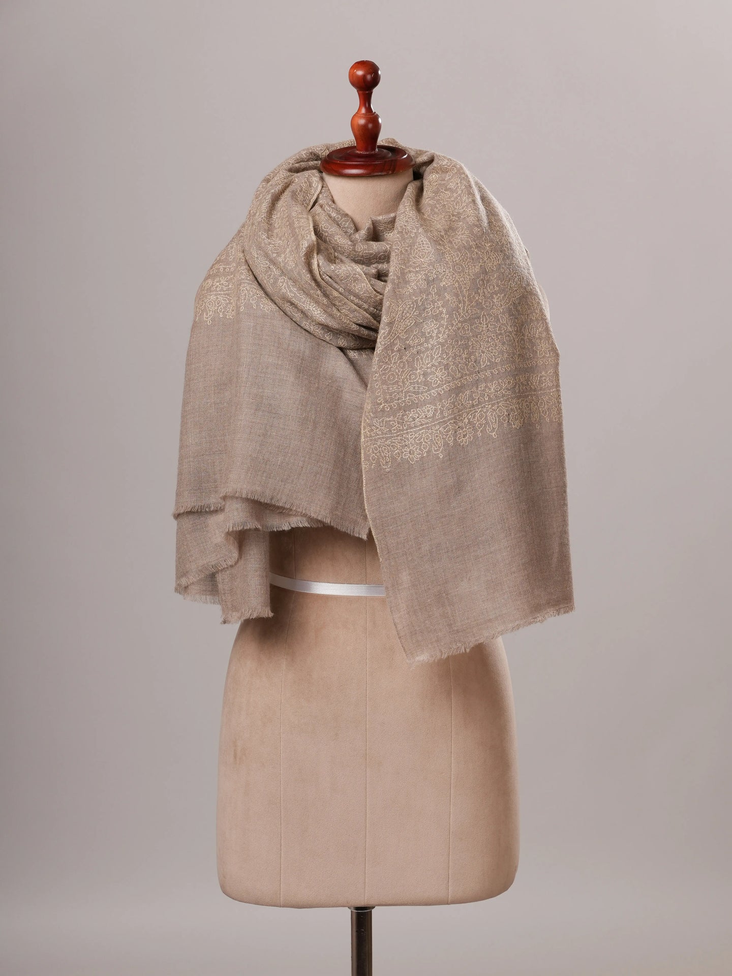 Oversized Jali Embroidered Natural Grey Handwoven Pashmina Shawl Shahkaar Global