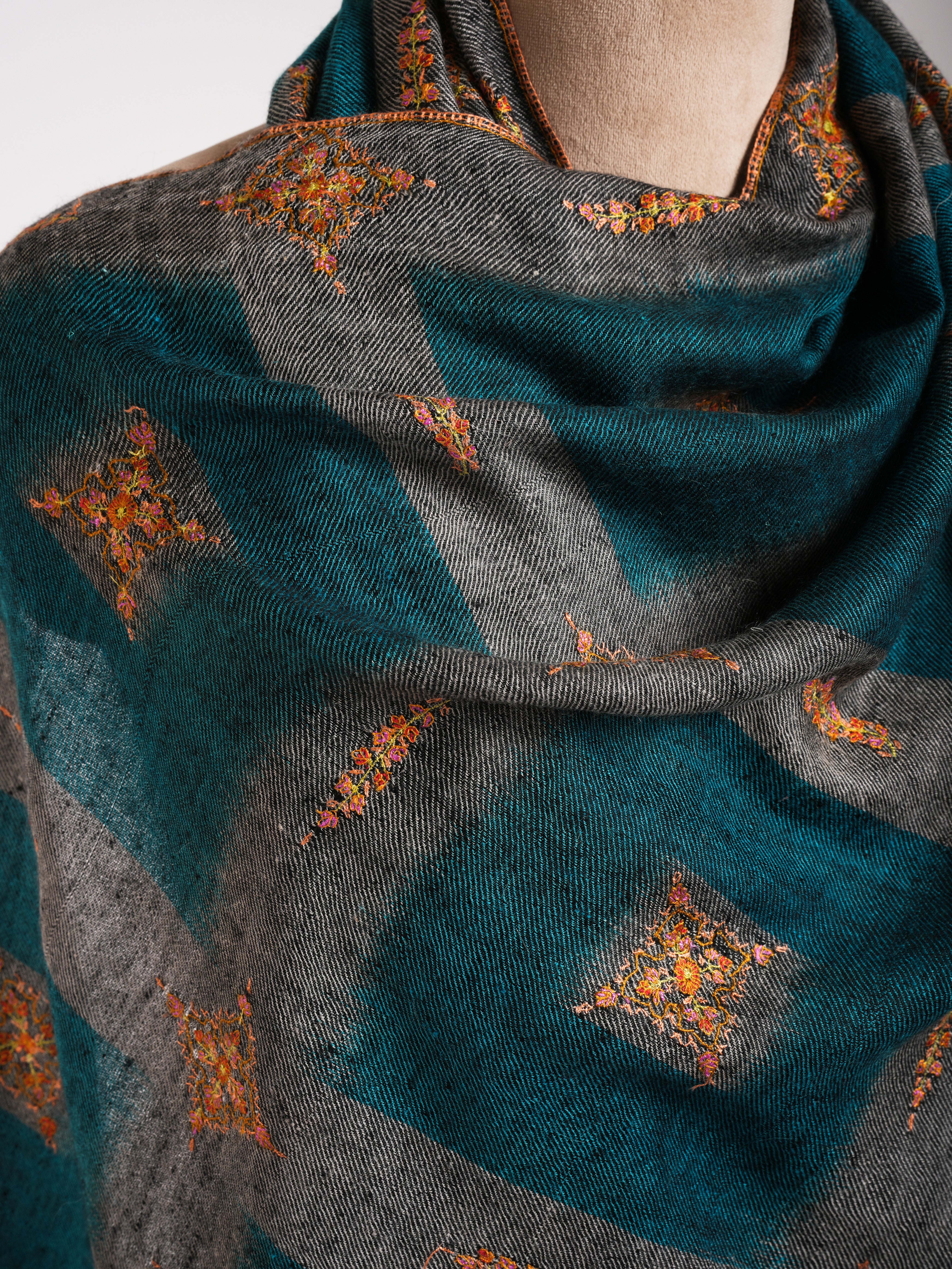 Ikat Handwoven Kashmiri Cashmere Scarf with Hand Embroidery