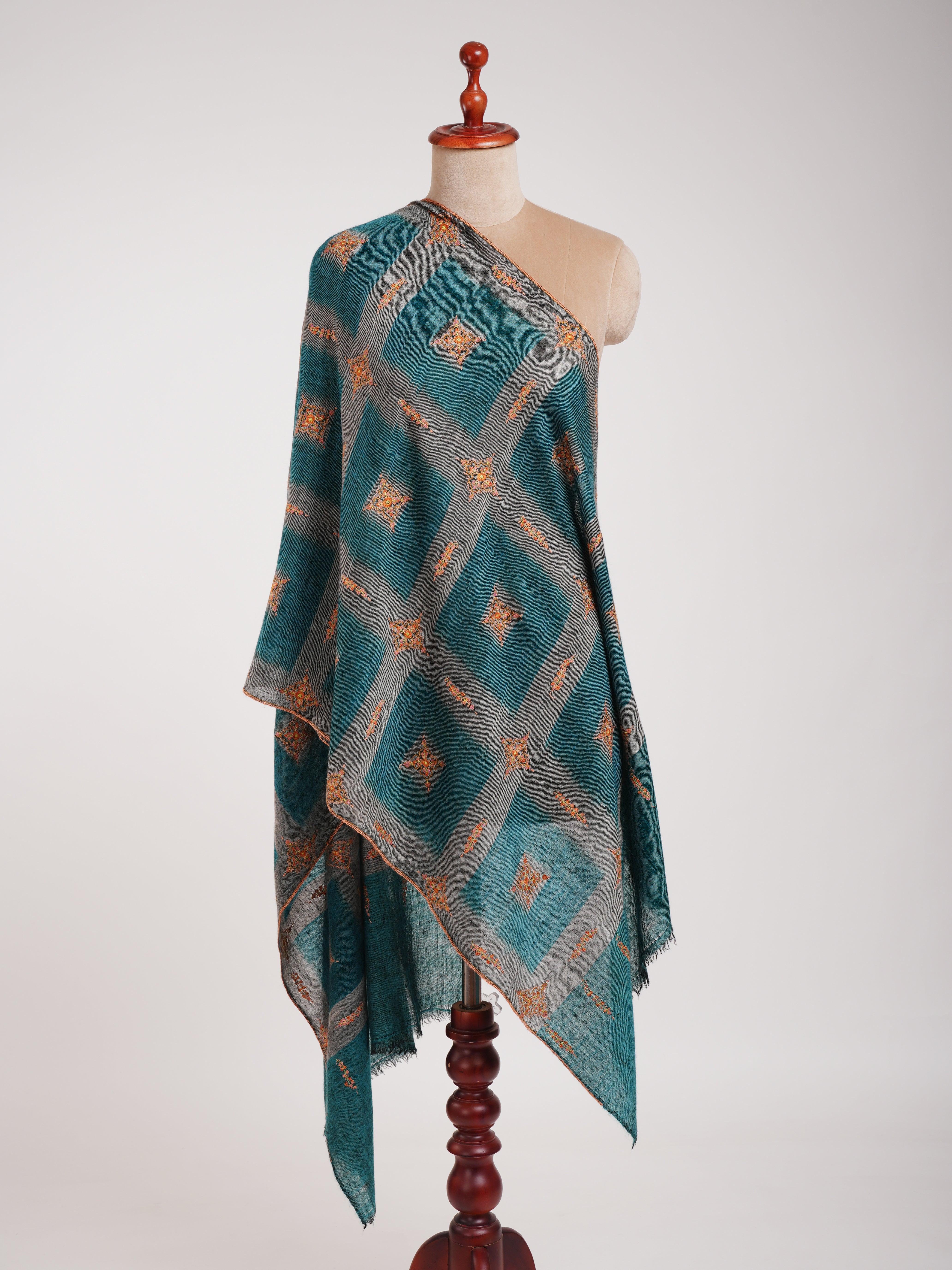 Ikat Handwoven Kashmiri Cashmere Scarf with Hand Embroidery