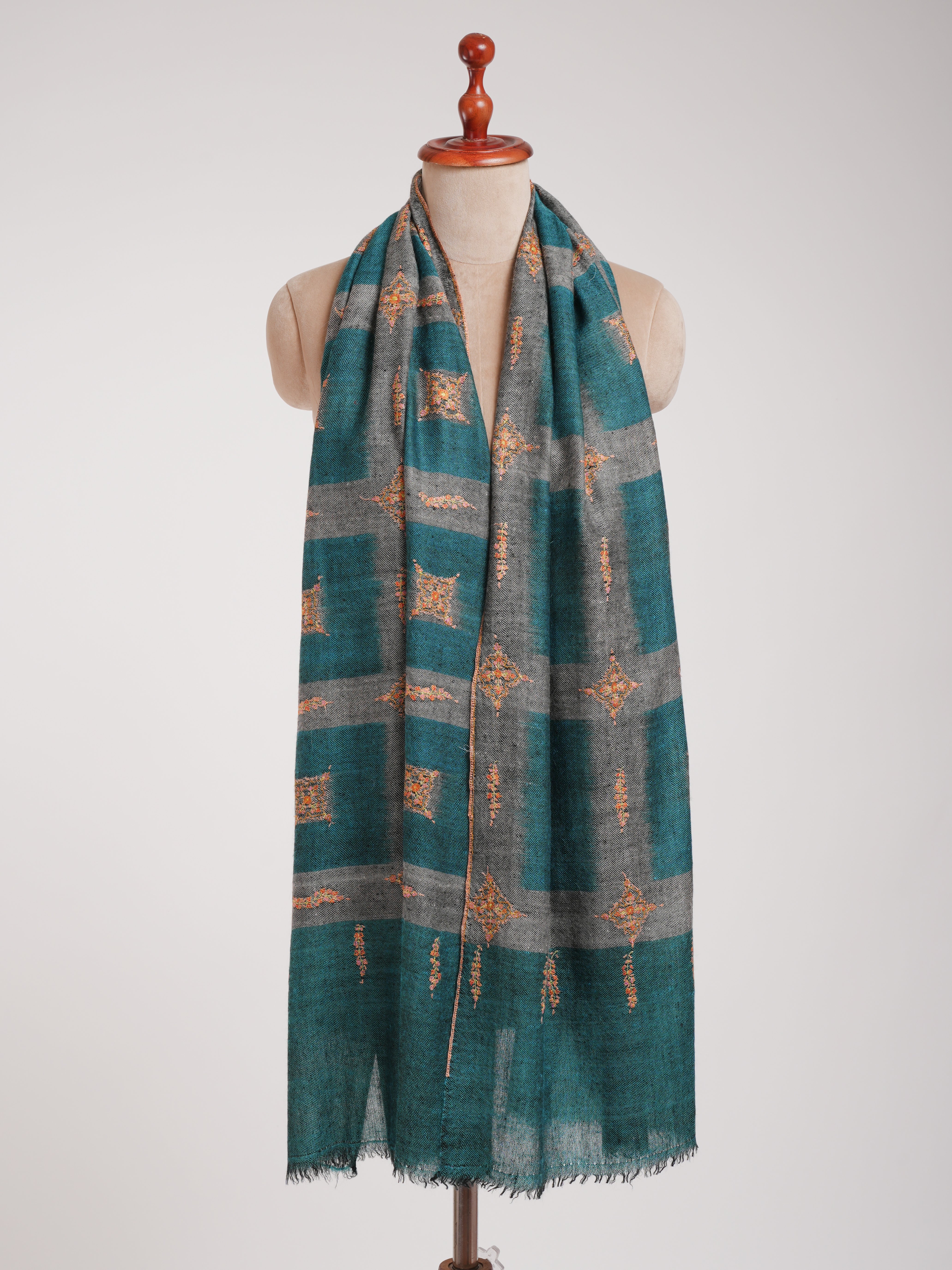 Ikat Handwoven Kashmiri Cashmere Scarf with Hand Embroidery