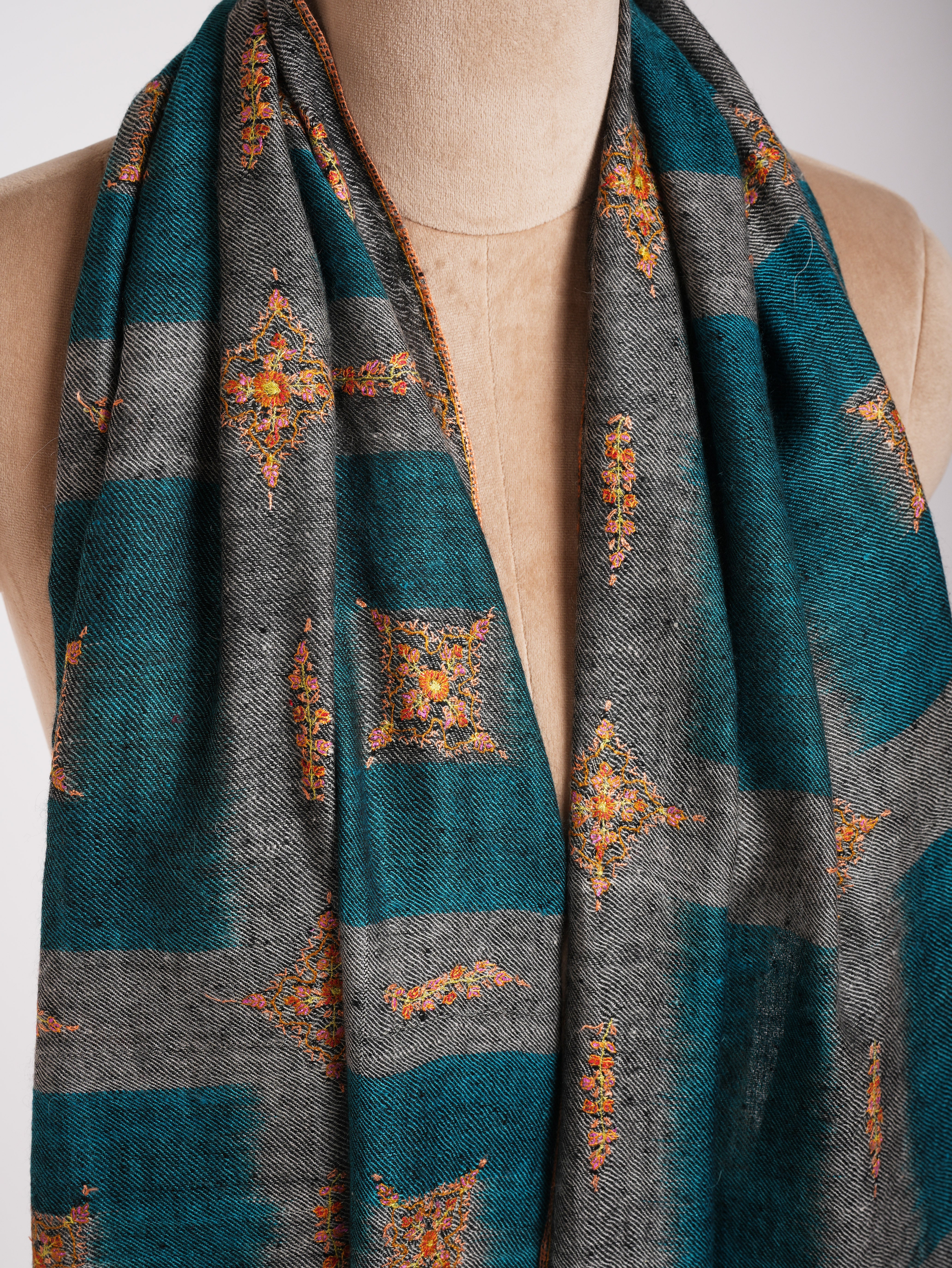 Ikat Handwoven Kashmiri Cashmere Scarf with Hand Embroidery