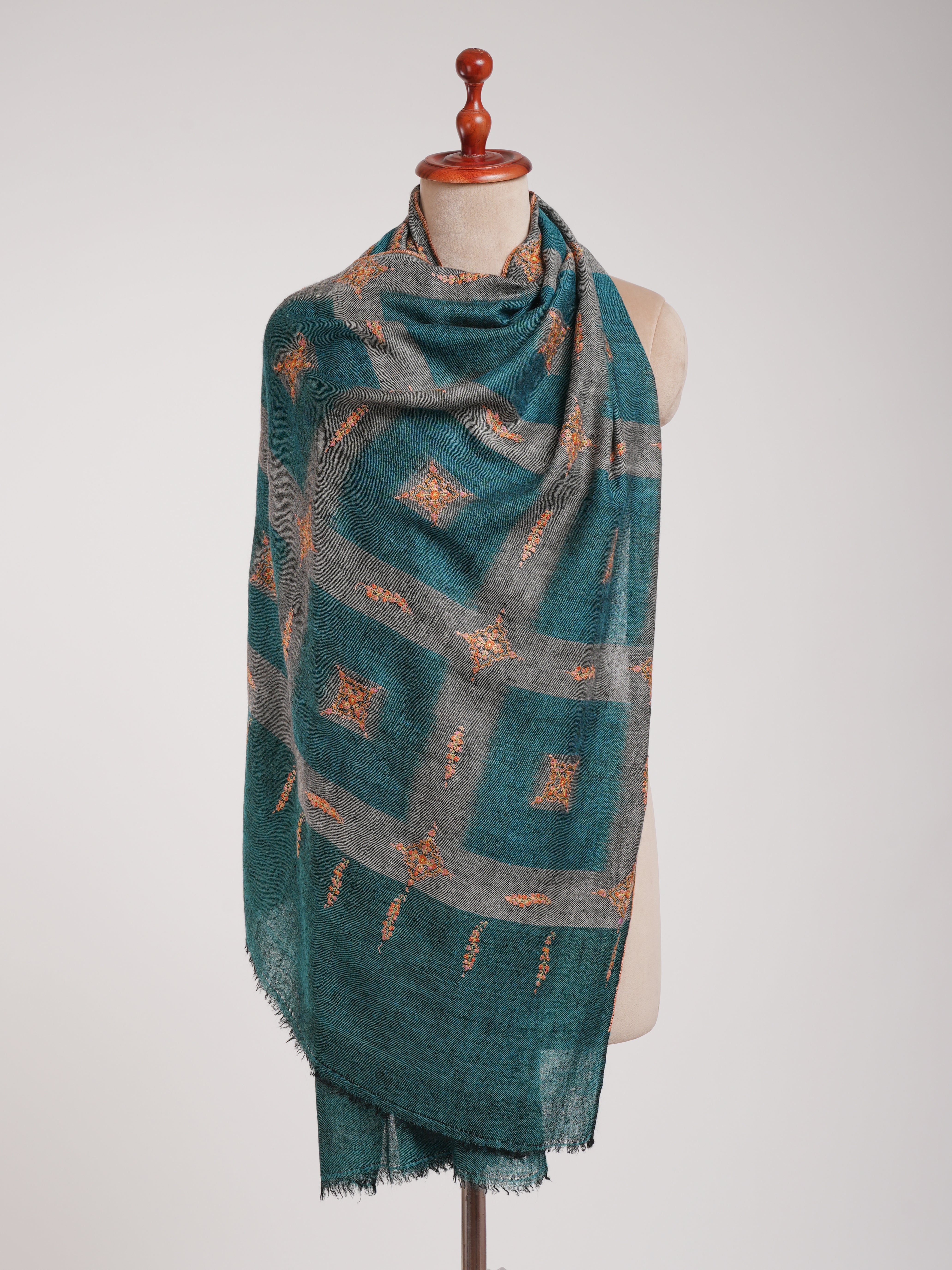 Ikat Handwoven Kashmiri Cashmere Scarf with Hand Embroidery