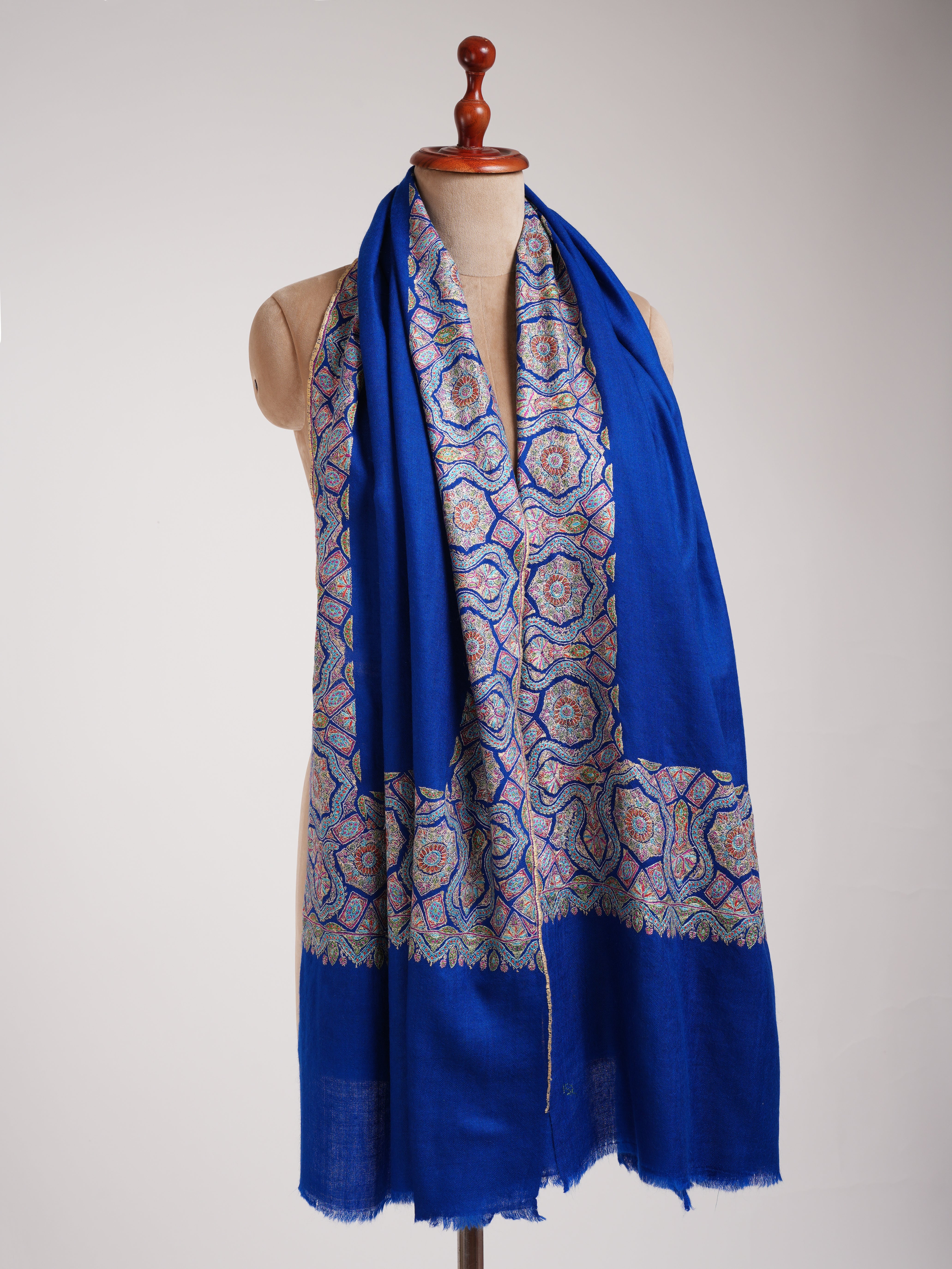 Royal Blue Daur Dar Hand Embroidered Soft Pashmina Shawl