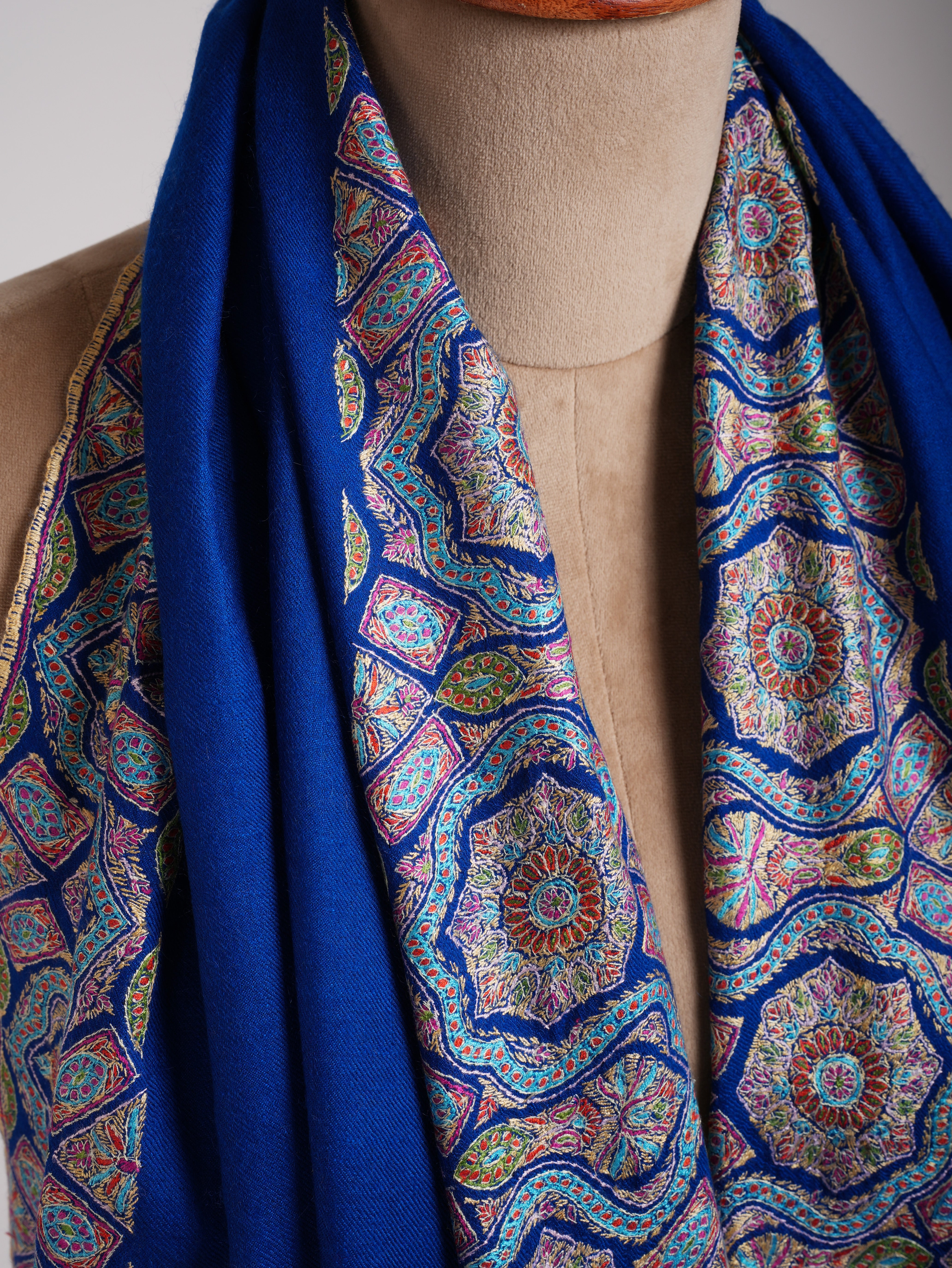 Royal Blue Daur Dar Hand Embroidered Soft Pashmina Shawl