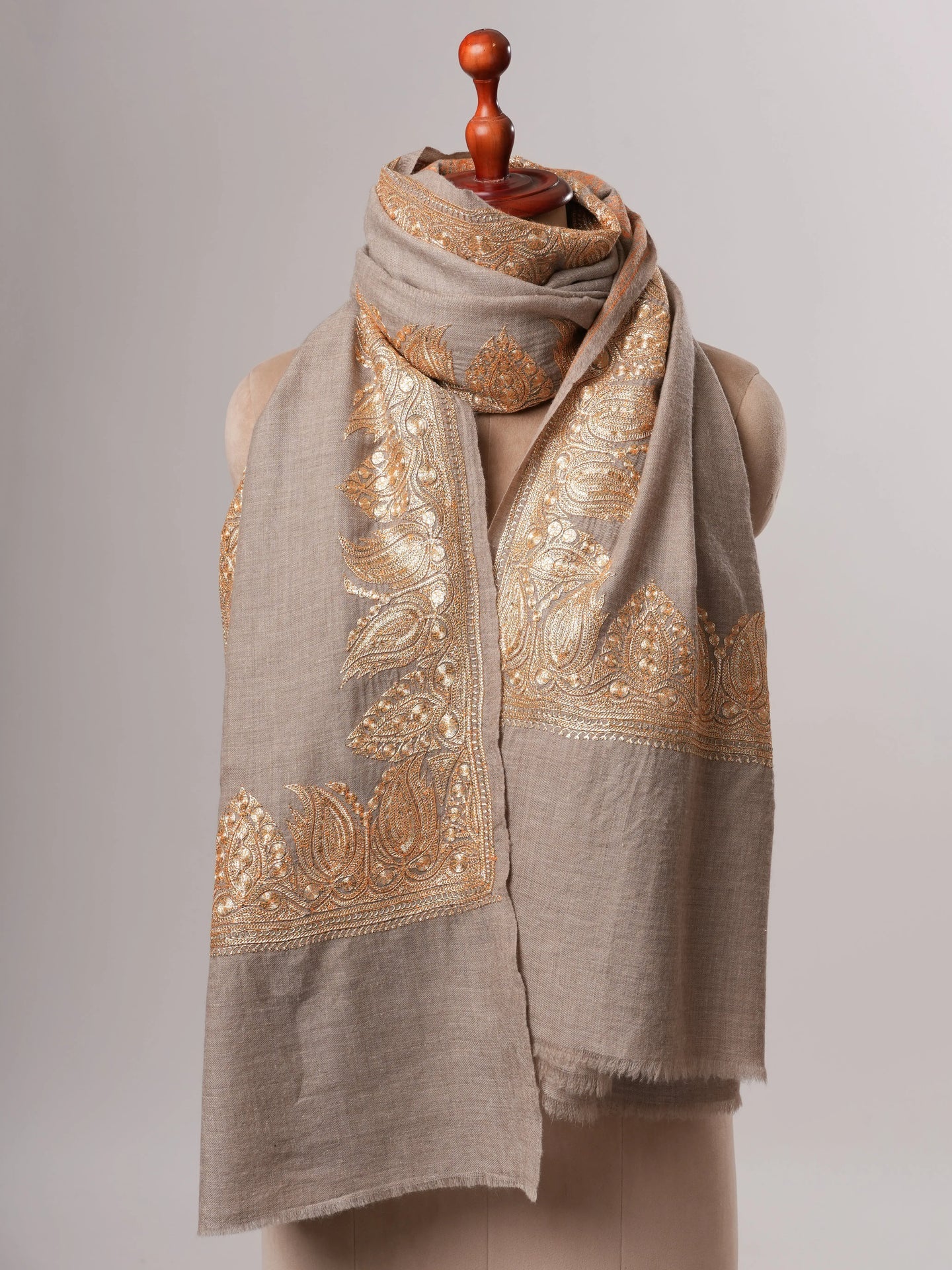Natural Soft Pashmina Shawl with Daurdar Gold Tilla Hand Embroidery Shahkaar