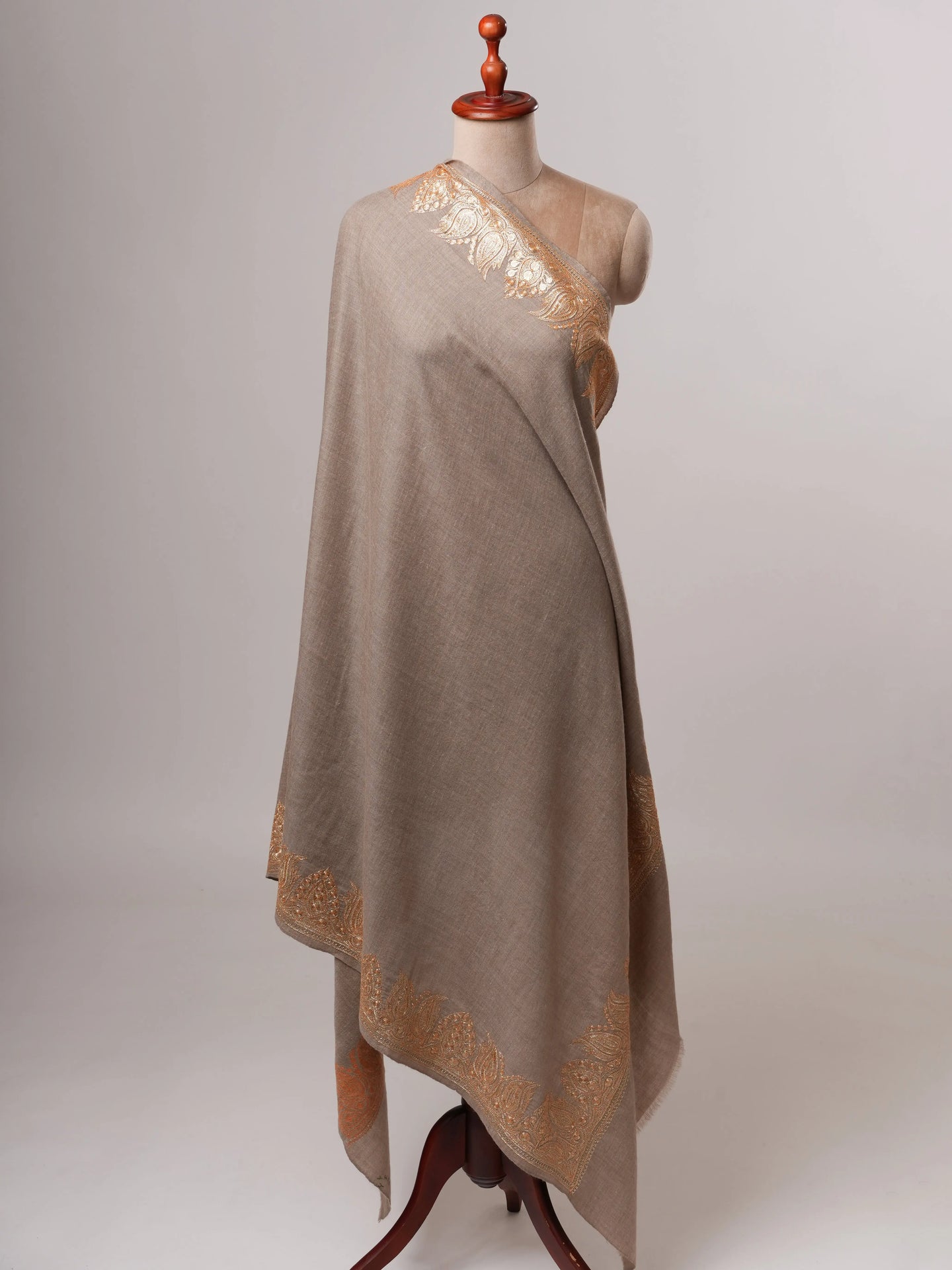 Natural Soft Pashmina Shawl with Daurdar Gold Tilla Hand Embroidery Shahkaar