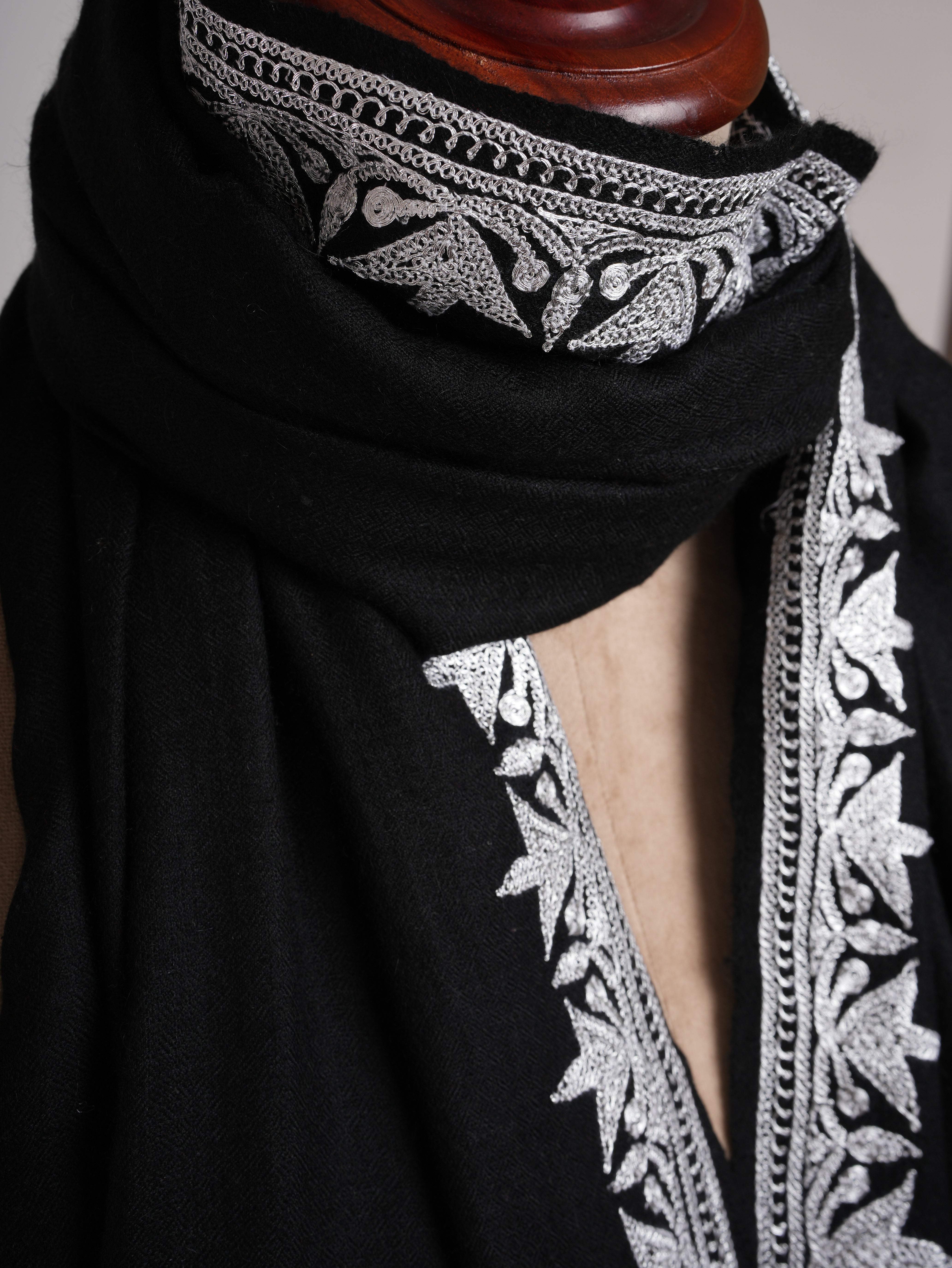 Black Pashmina Shawl with Silver Tilla Embroidery