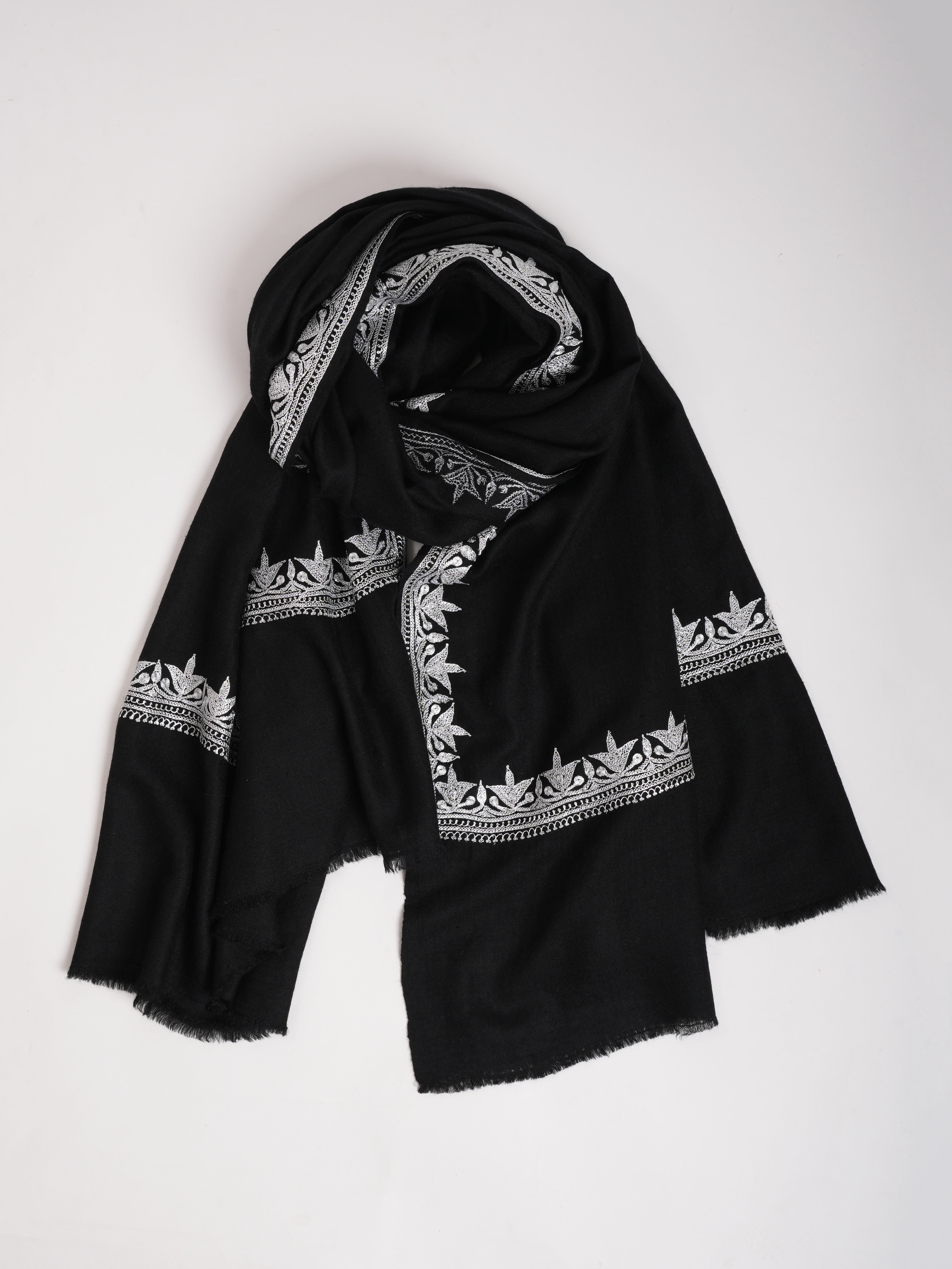 Black Pashmina Shawl with Silver Tilla Embroidery