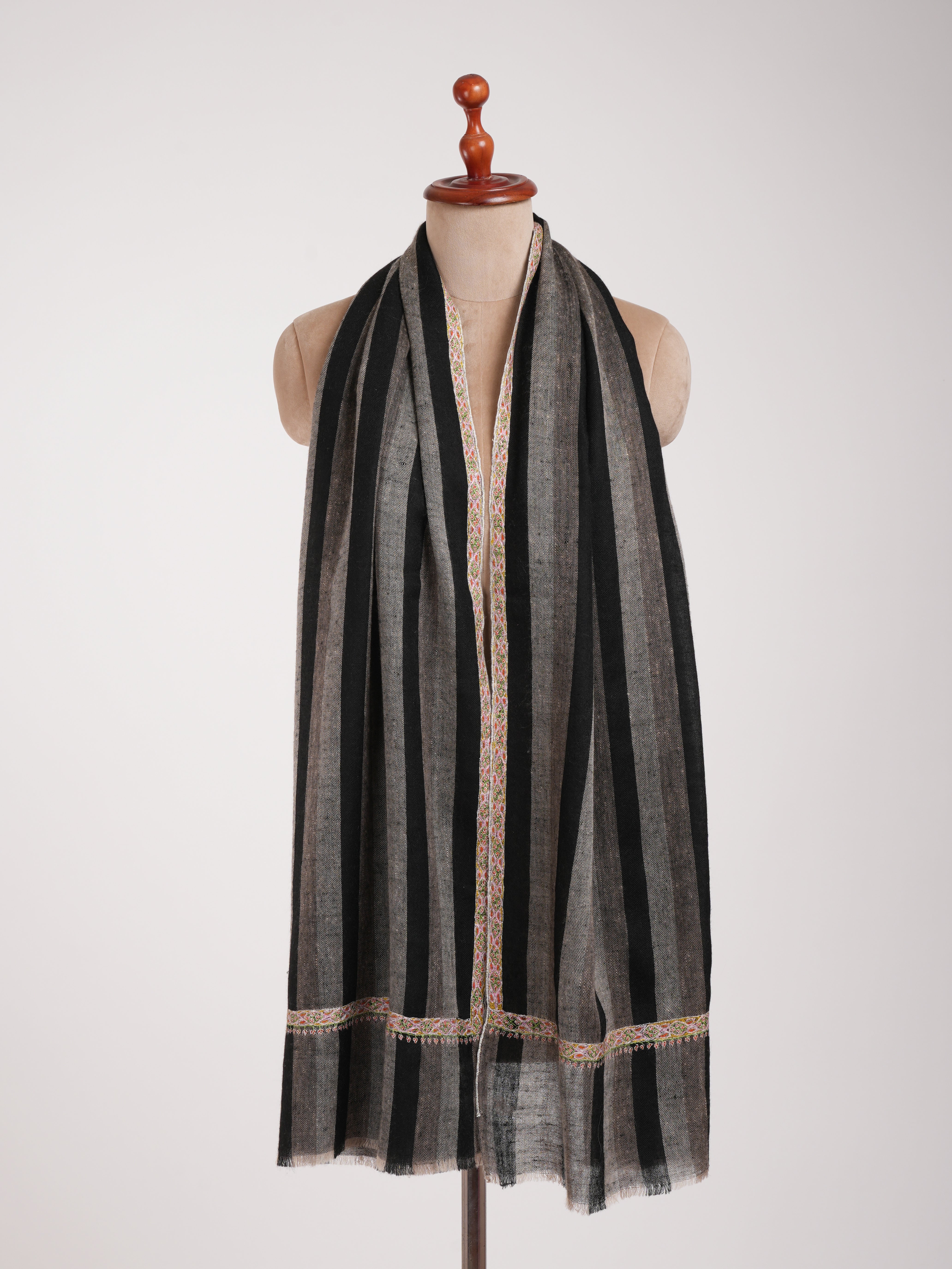 Hashia Embroidered Black and White Stripe Cashmere Stole