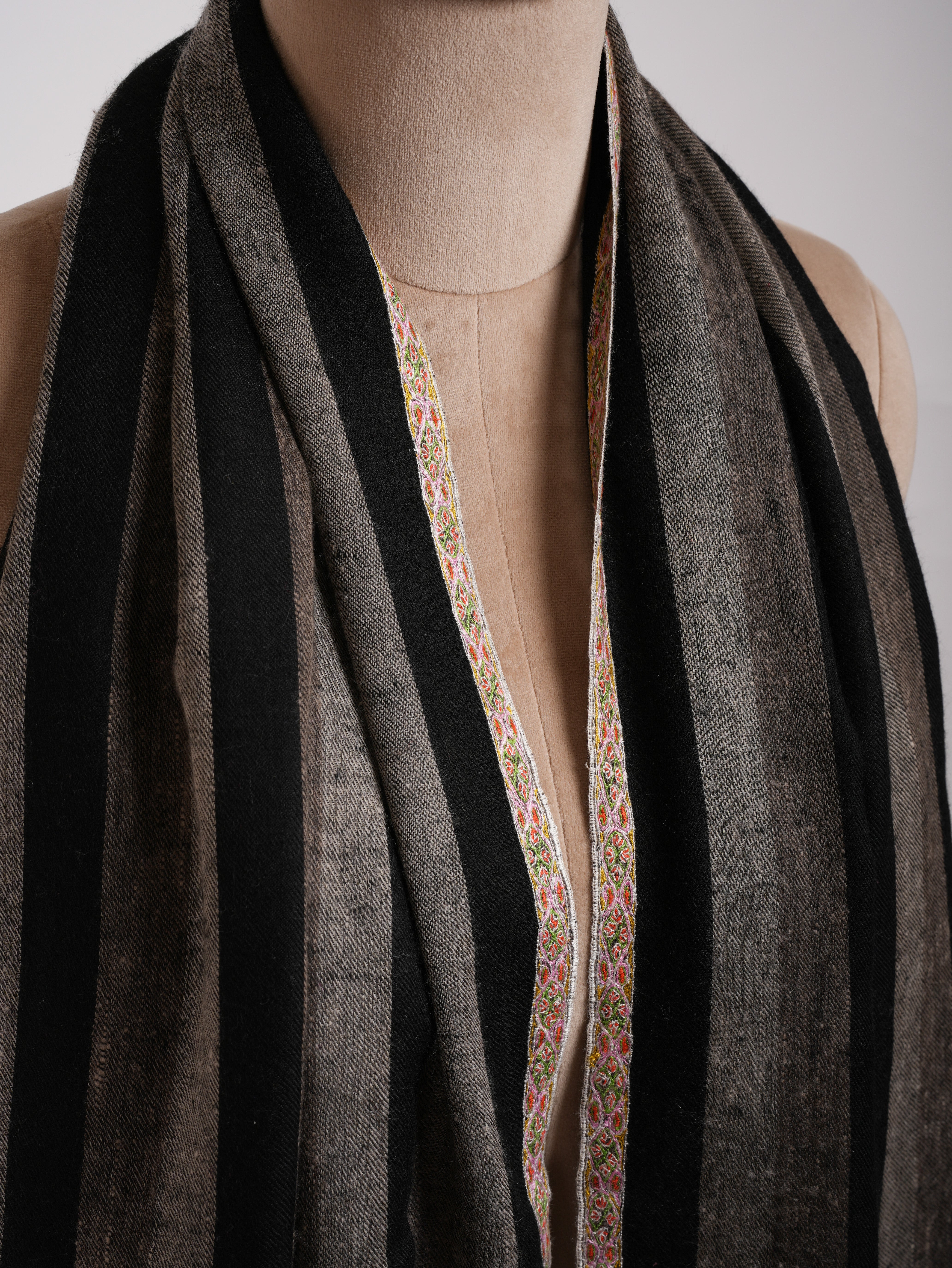 Hashia Embroidered Black and White Stripe Cashmere Stole