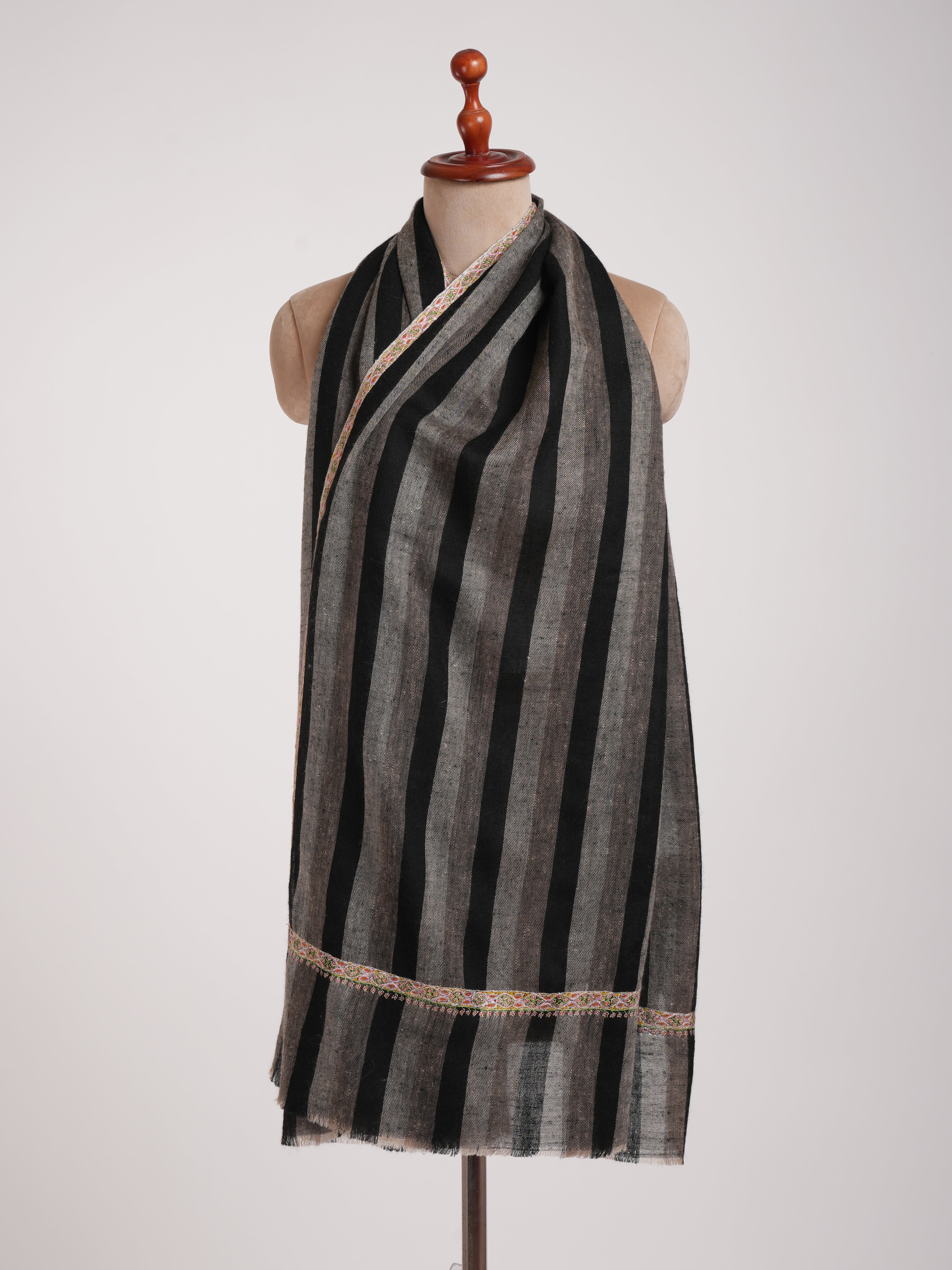 Hashia Embroidered Black and White Stripe Cashmere Stole