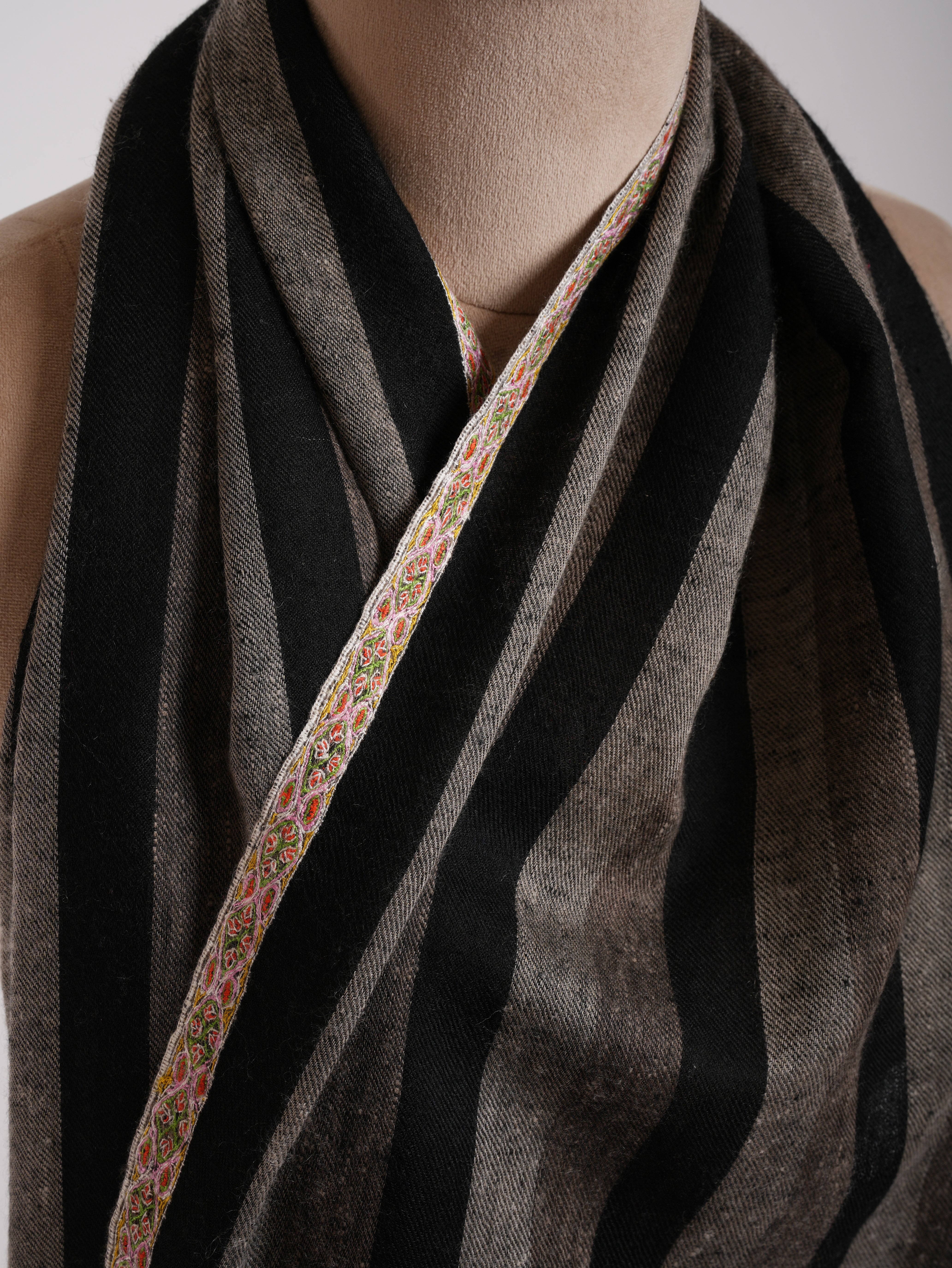 Hashia Embroidered Black and White Stripe Cashmere Stole