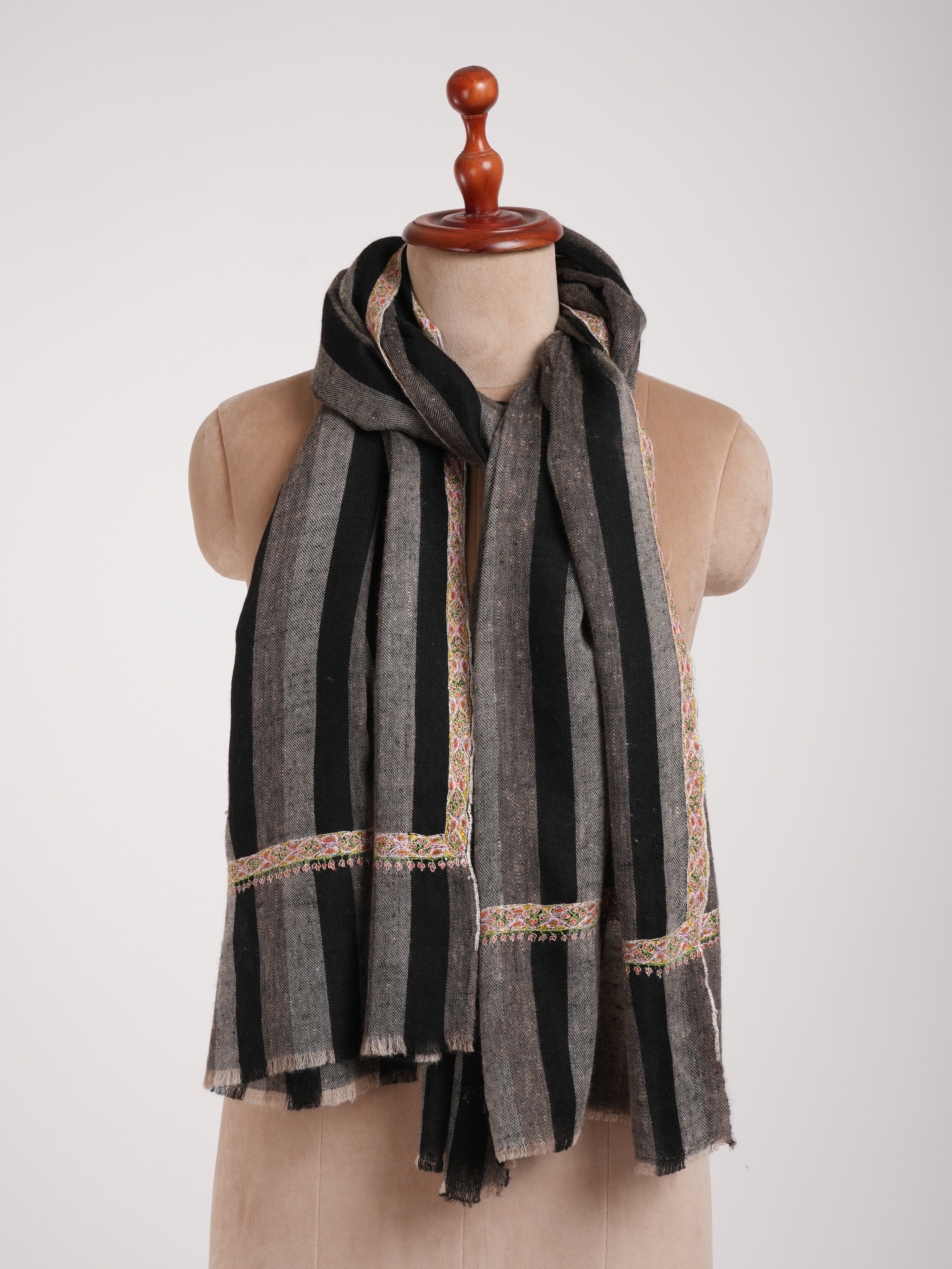 Hashia Embroidered Black and White Stripe Cashmere Stole