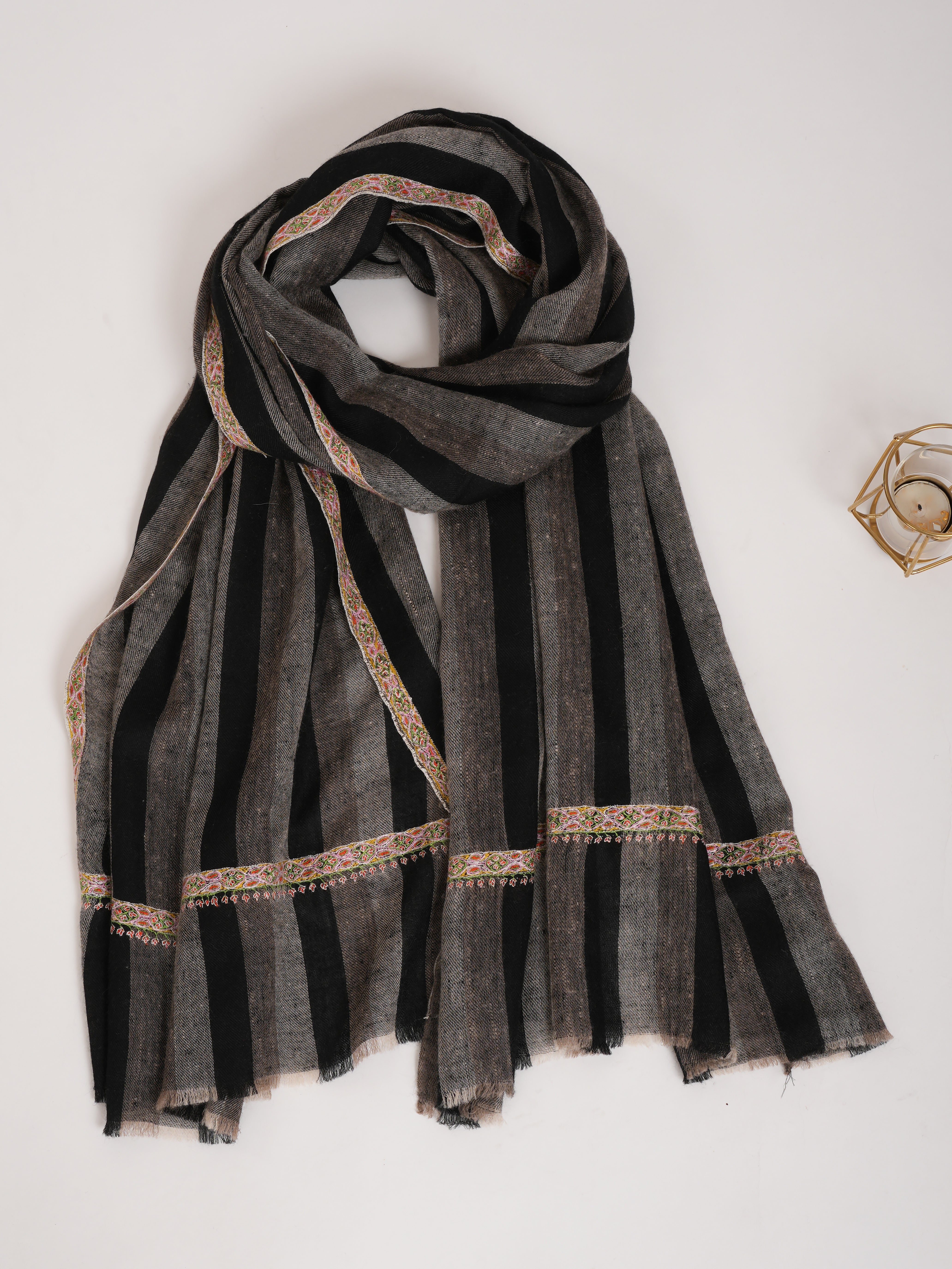 Hashia Embroidered Black and White Stripe Cashmere Stole