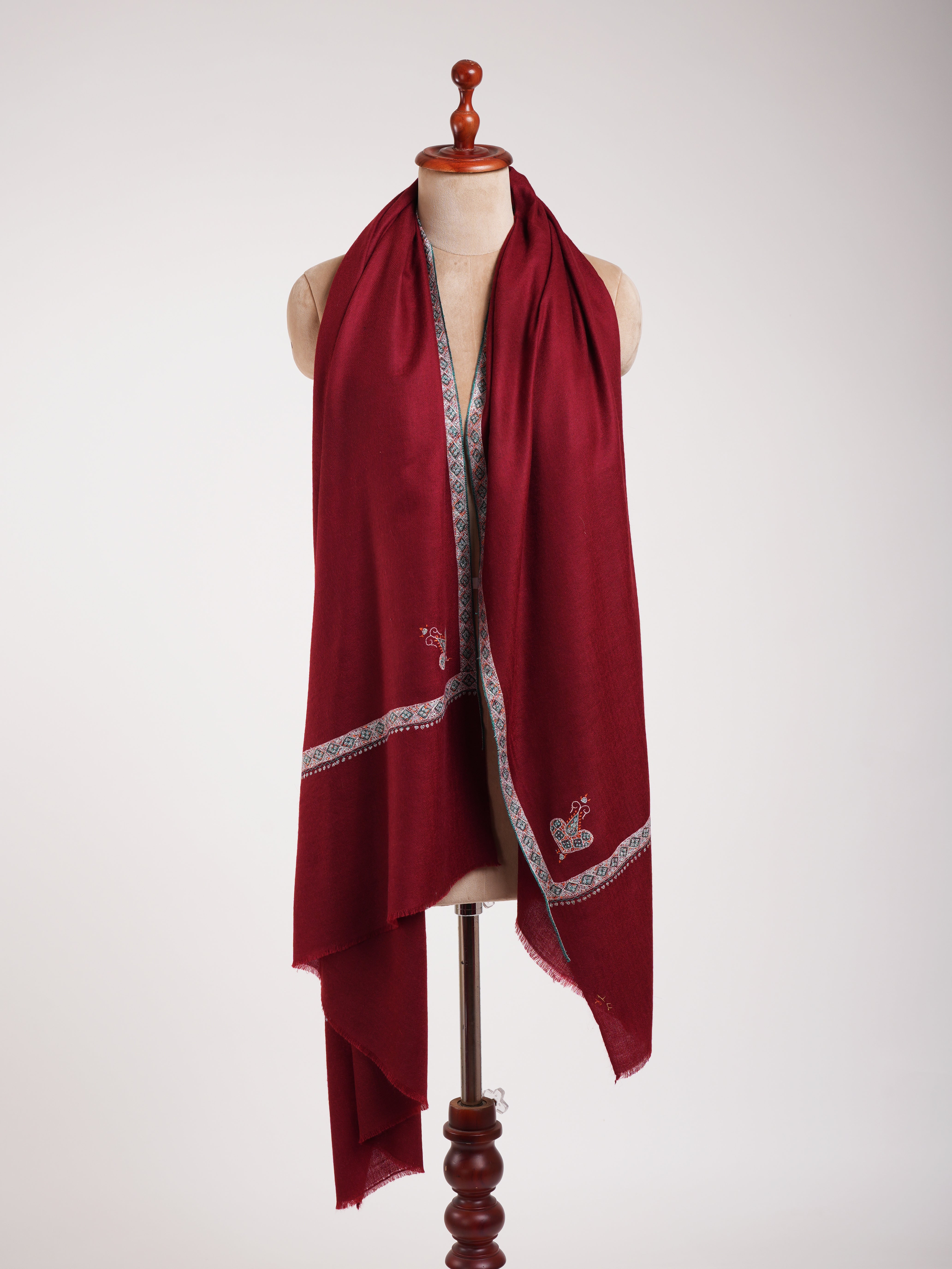 Sozni Embroidered Handmade Classic Maroon Pashmina Shawl