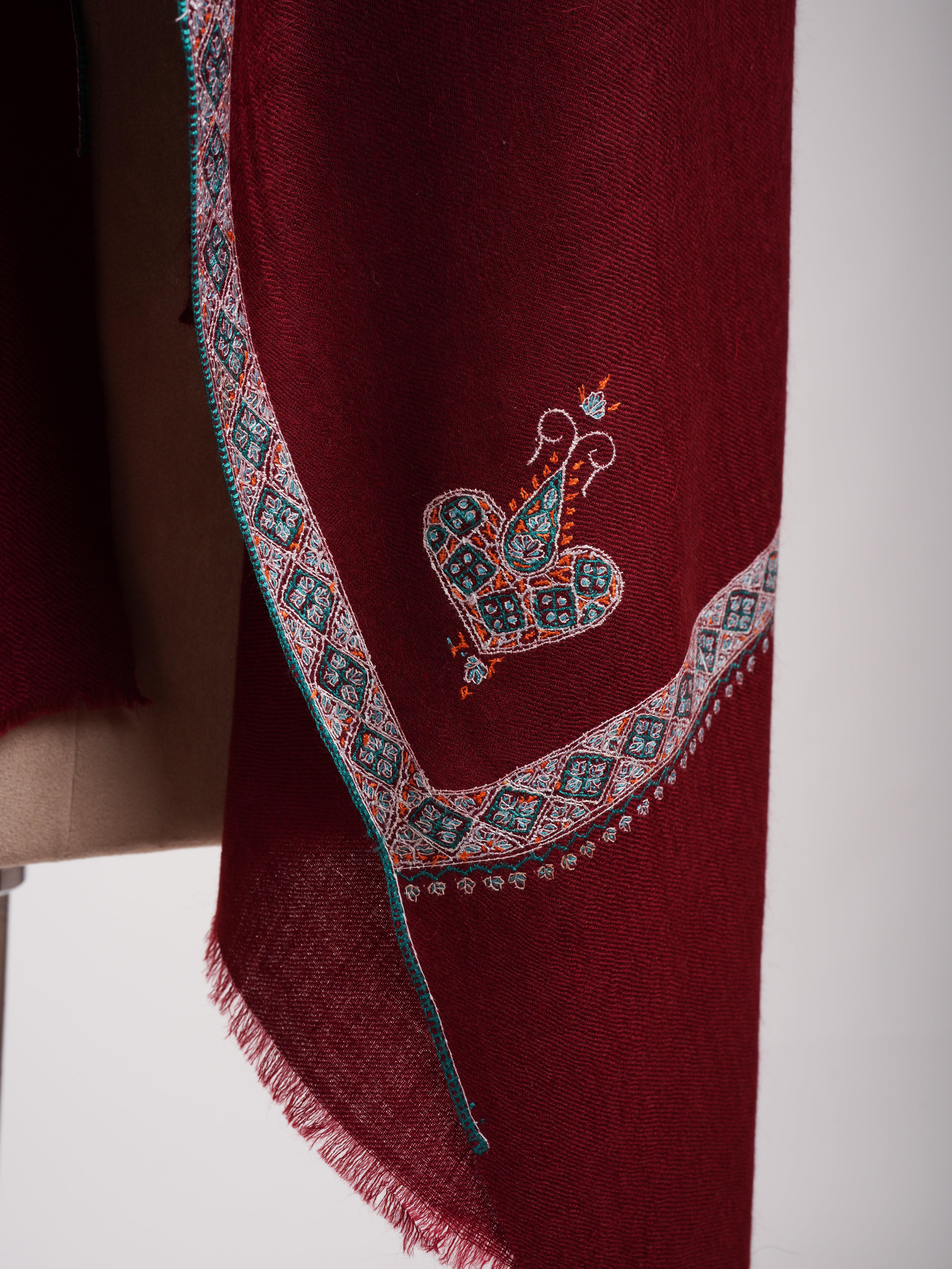 Sozni Embroidered Handmade Classic Maroon Pashmina Shawl