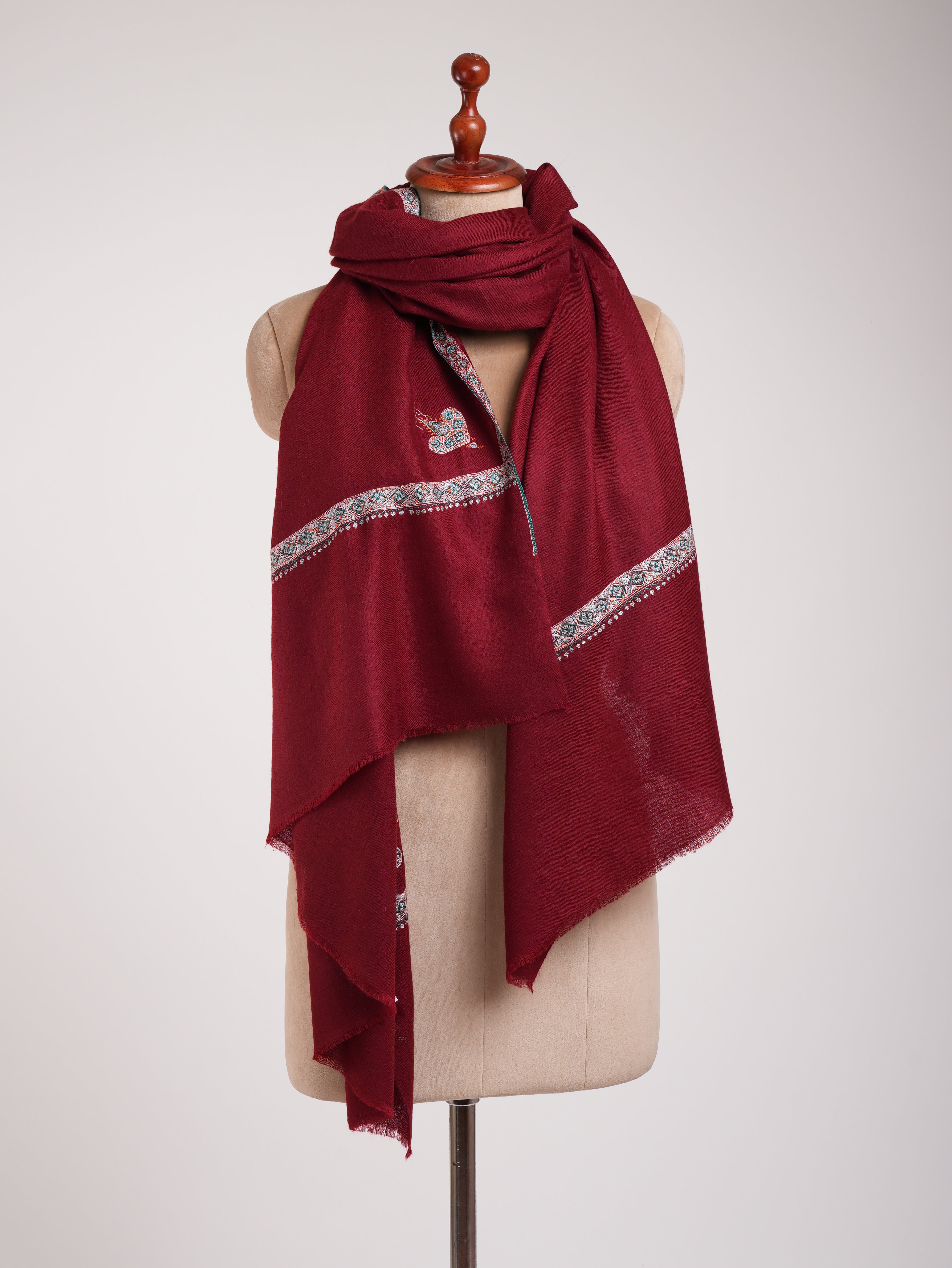 Sozni Embroidered Handmade Classic Maroon Pashmina Shawl