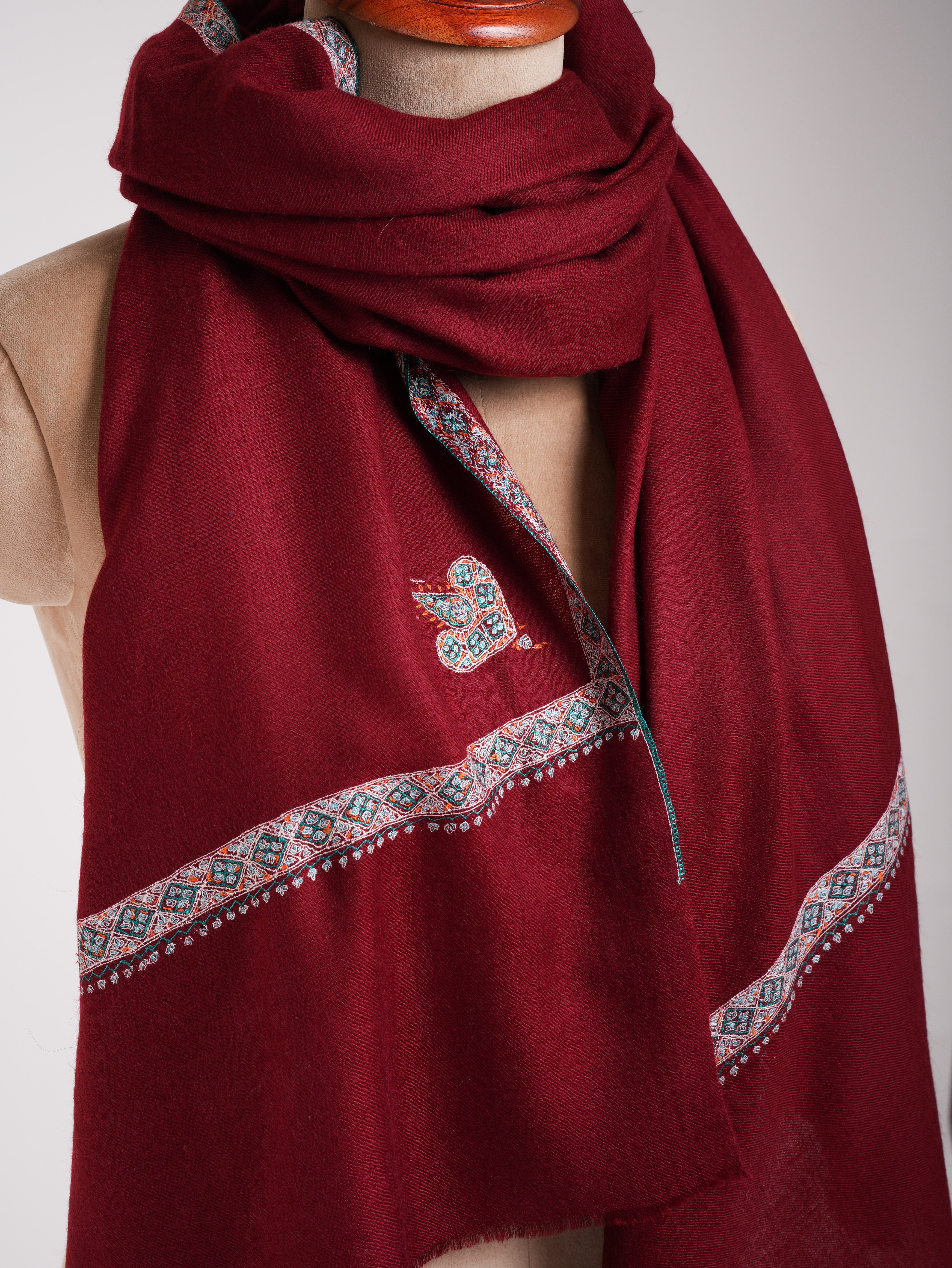 Sozni Embroidered Handmade Classic Maroon Pashmina Shawl