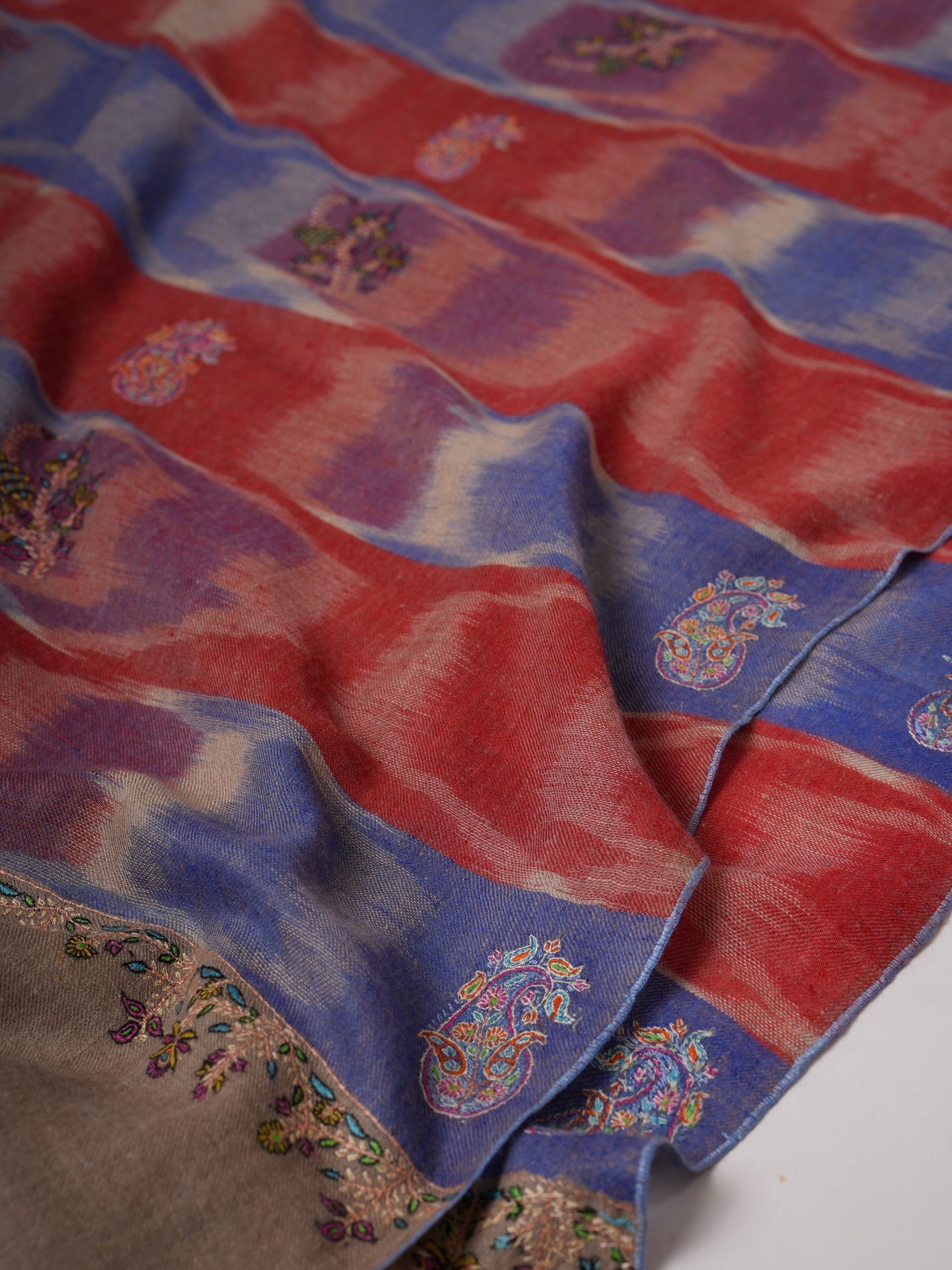 Handwoven Ikat Shahkaar Pashmina Shawl with Hand Embroidered Paisley Shahkaar