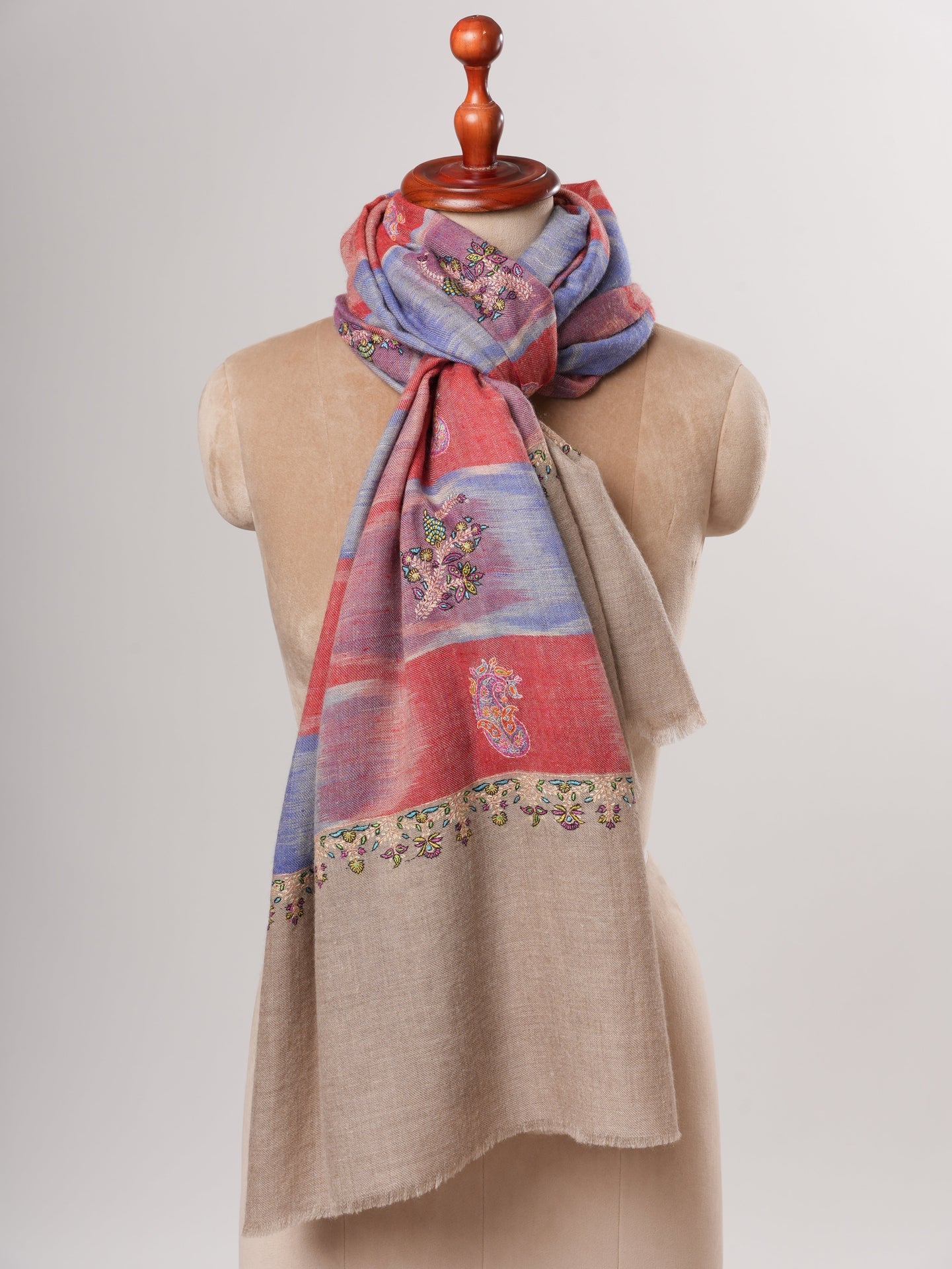Handwoven Ikat Shahkaar Pashmina Shawl with Hand Embroidered Paisley Shahkaar