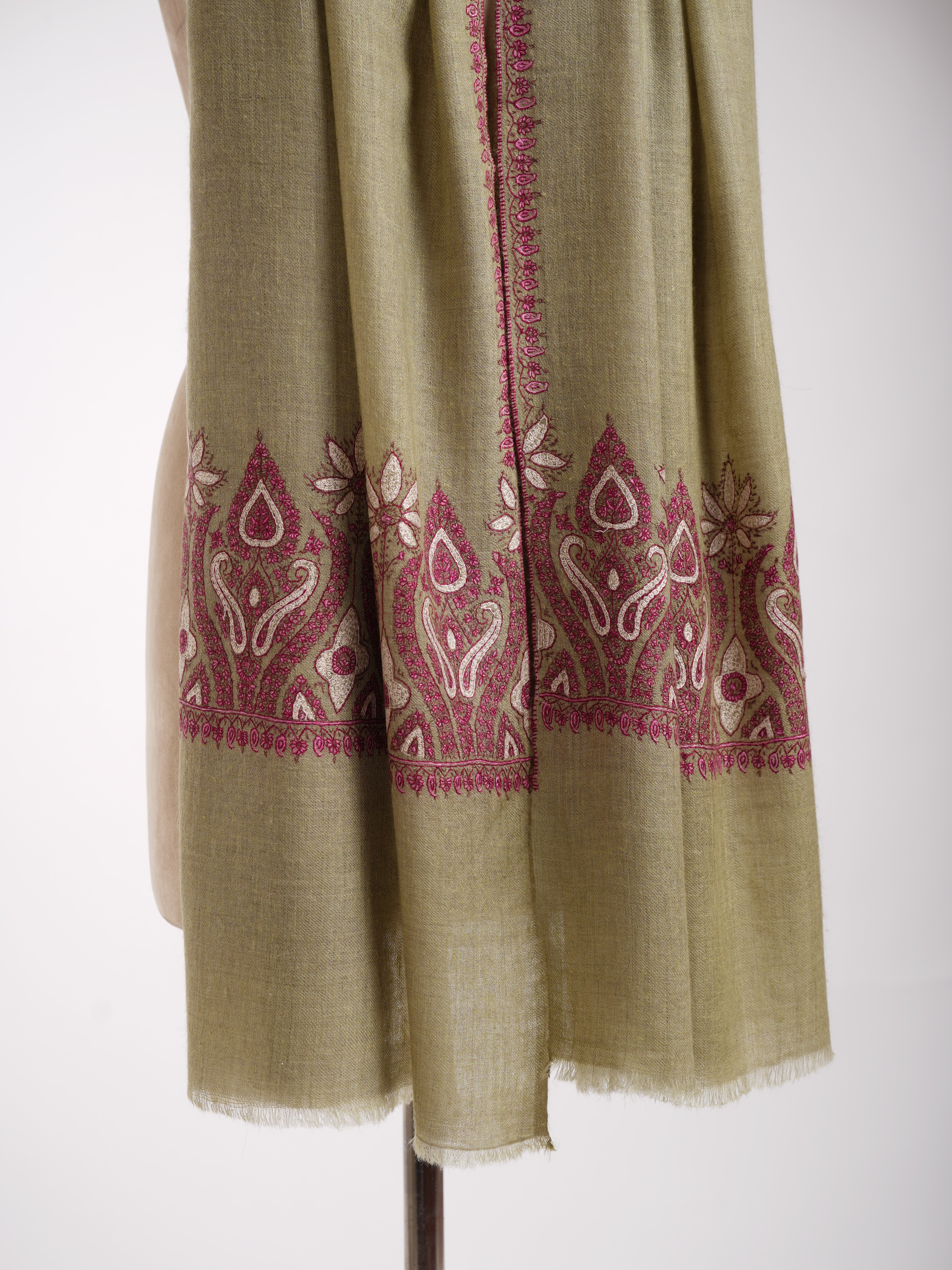 Green Sozni Embroidered Cashmere Pashmina Stole