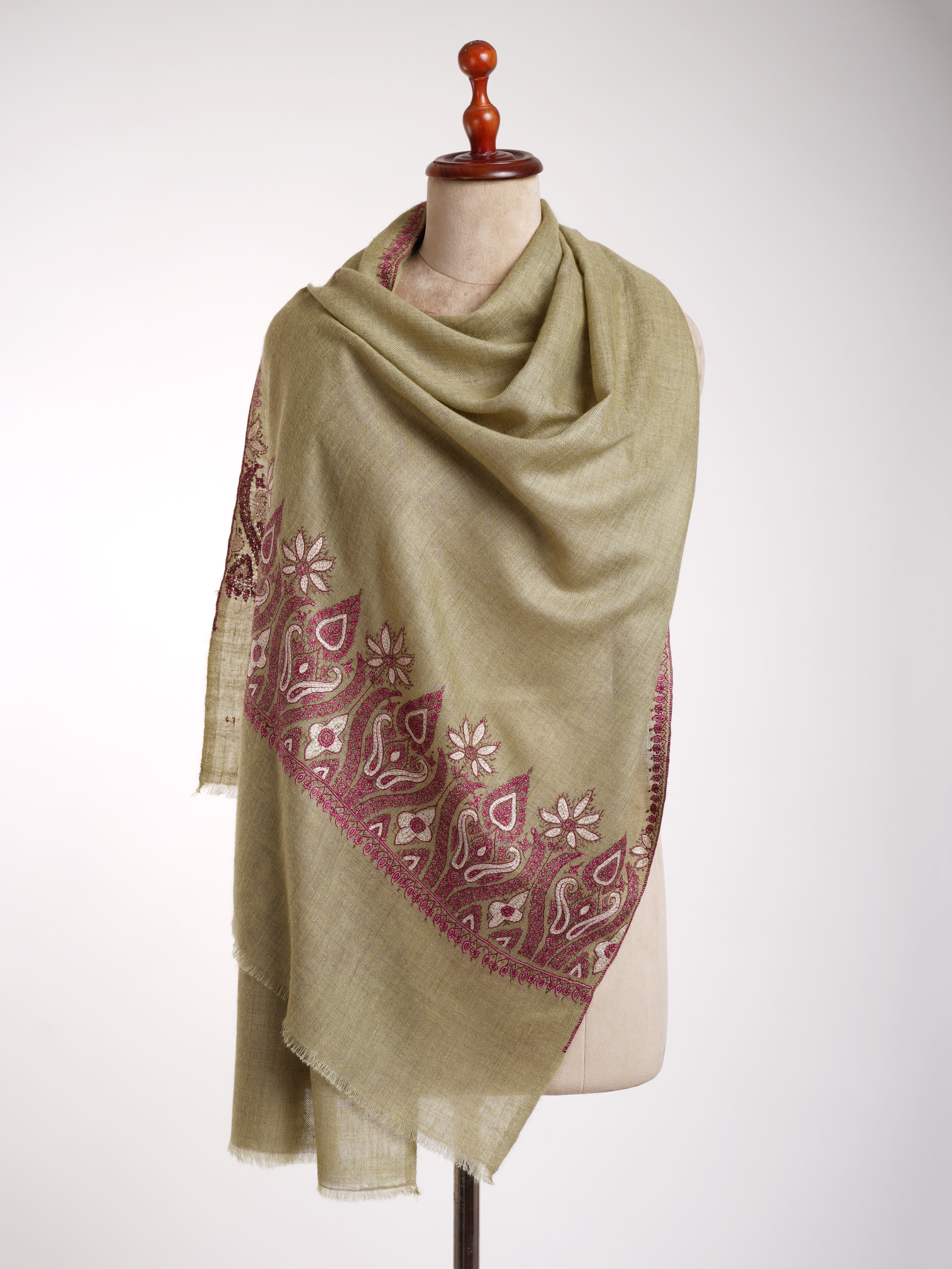 Green Sozni Embroidered Cashmere Pashmina Stole