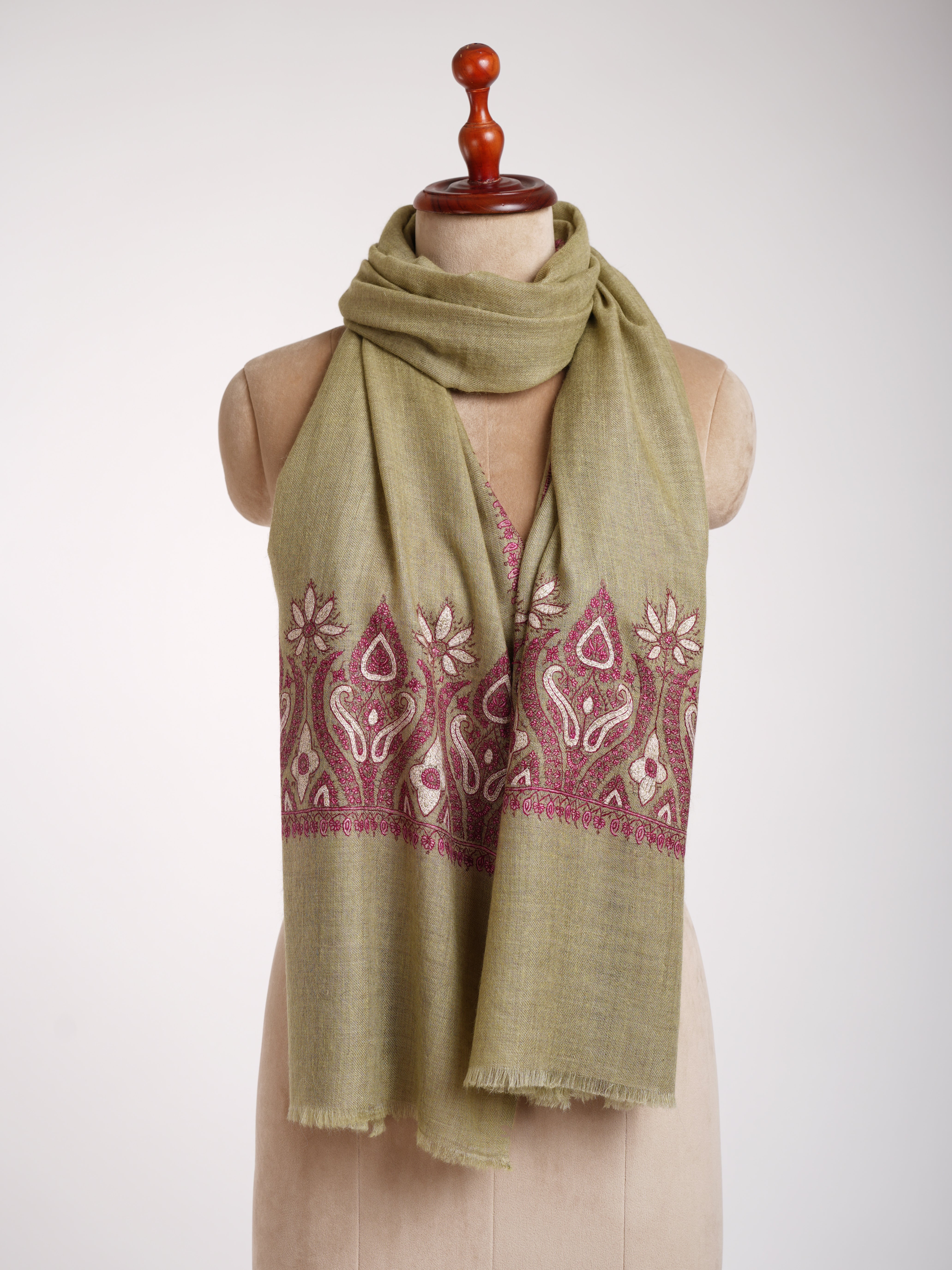 Green Sozni Embroidered Cashmere Pashmina Stole