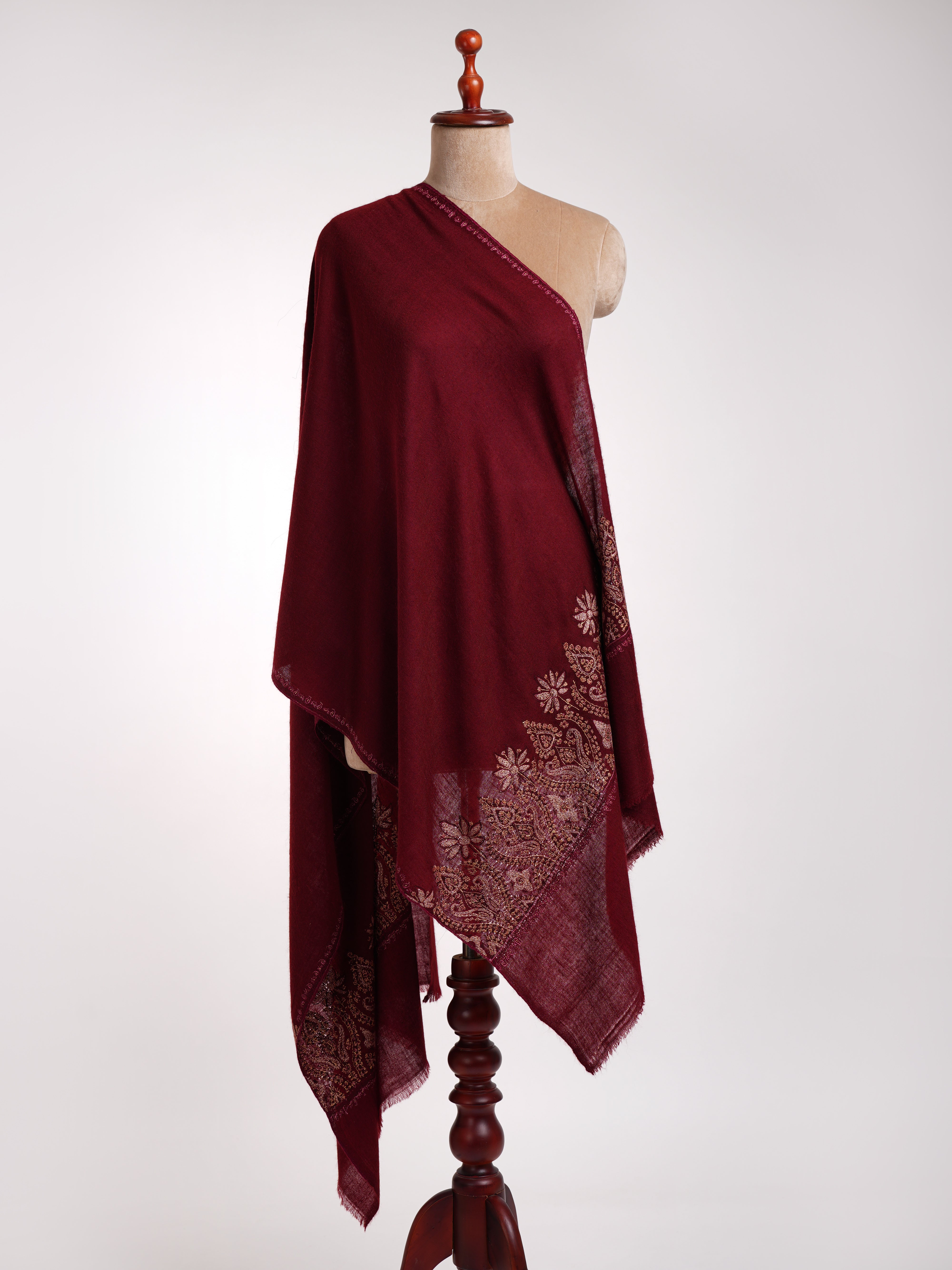 Maroon Palla Sozni Embroidered Cashmere Scarf