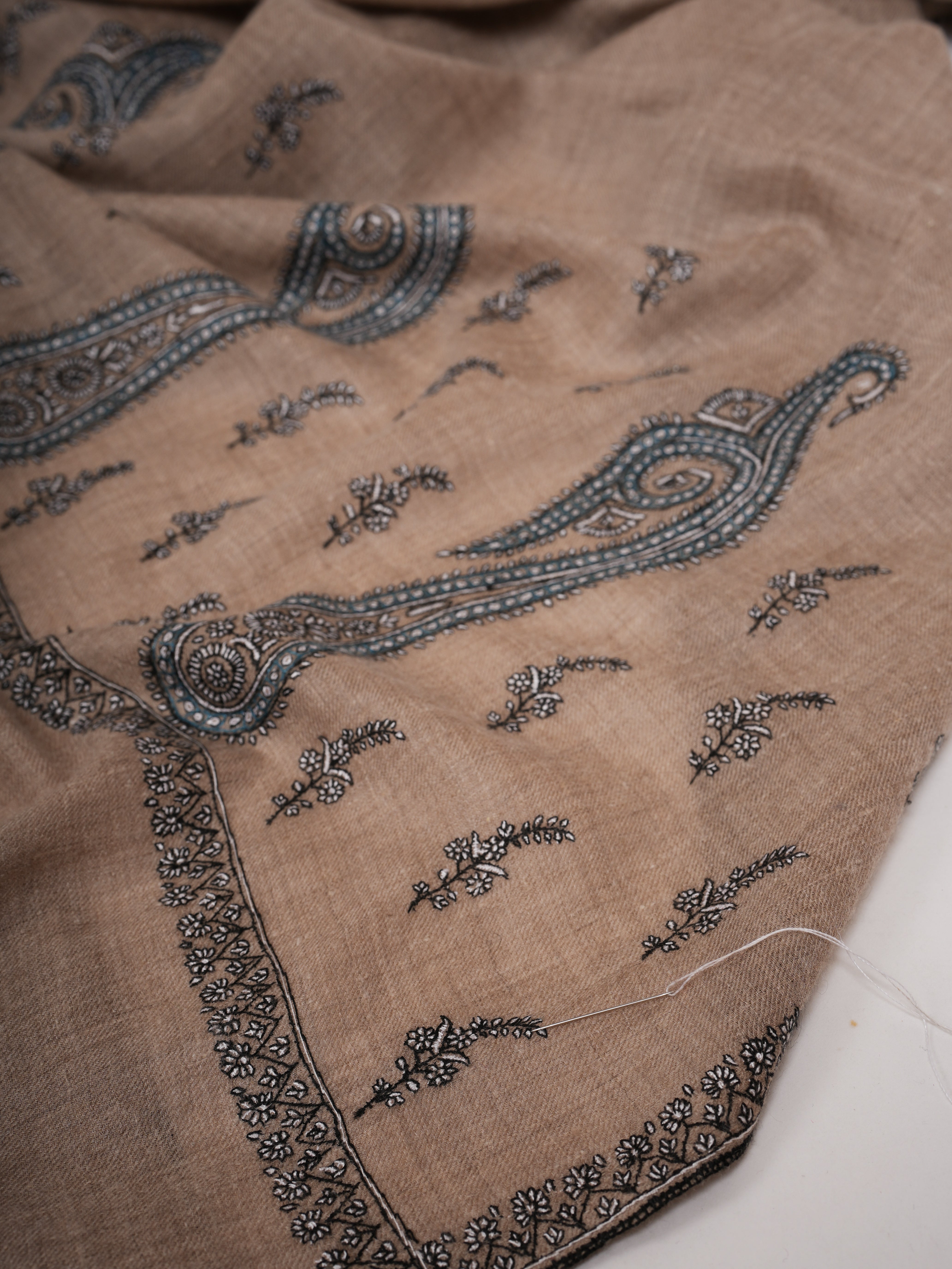 Natural Grey Palla Embroidered Featherlight Cashmere Scarf